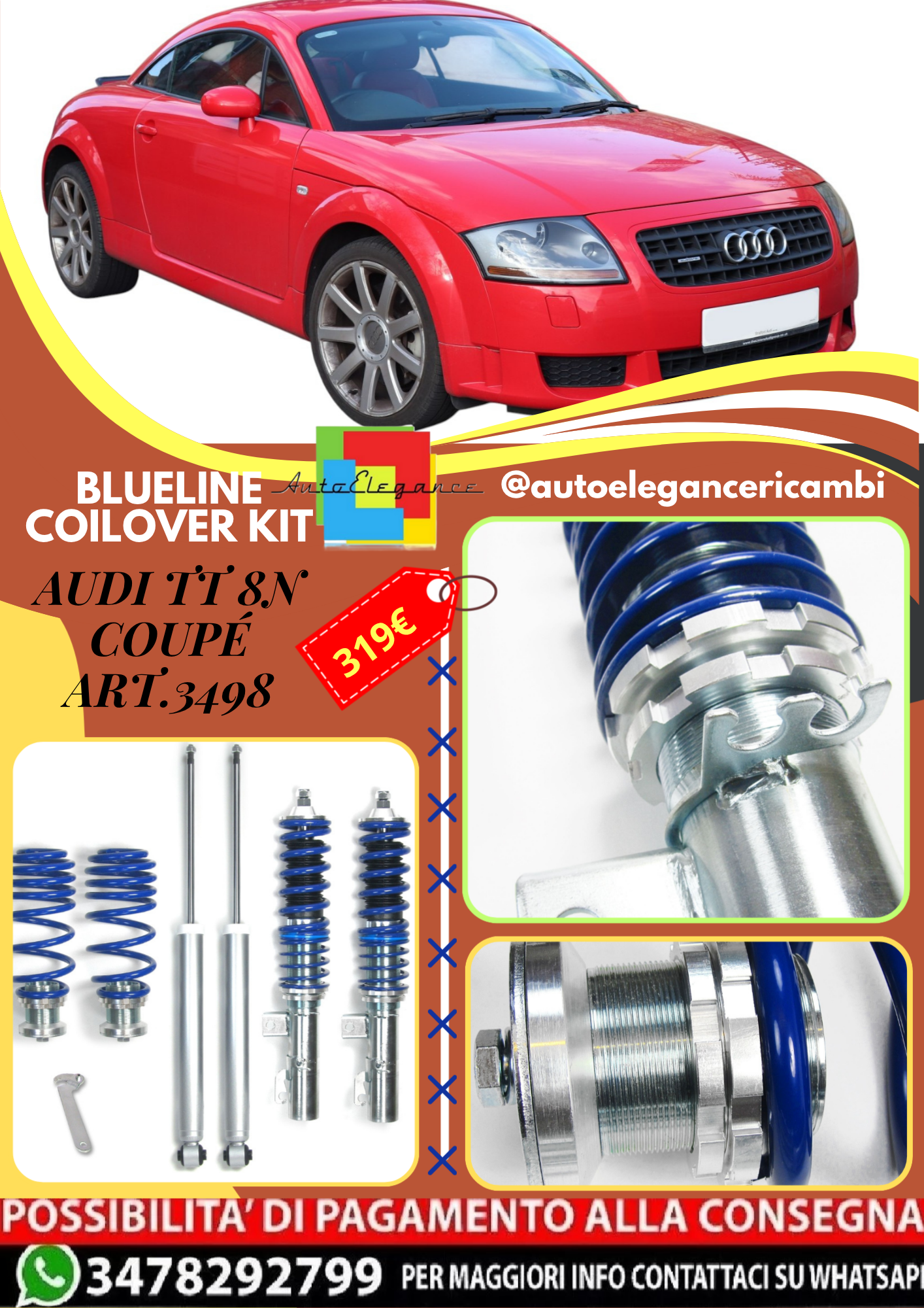 🎀Art.3498 Kit assetto sportivo a ghiera Blueline adatto per Audi TT 8N Coupé 🎀