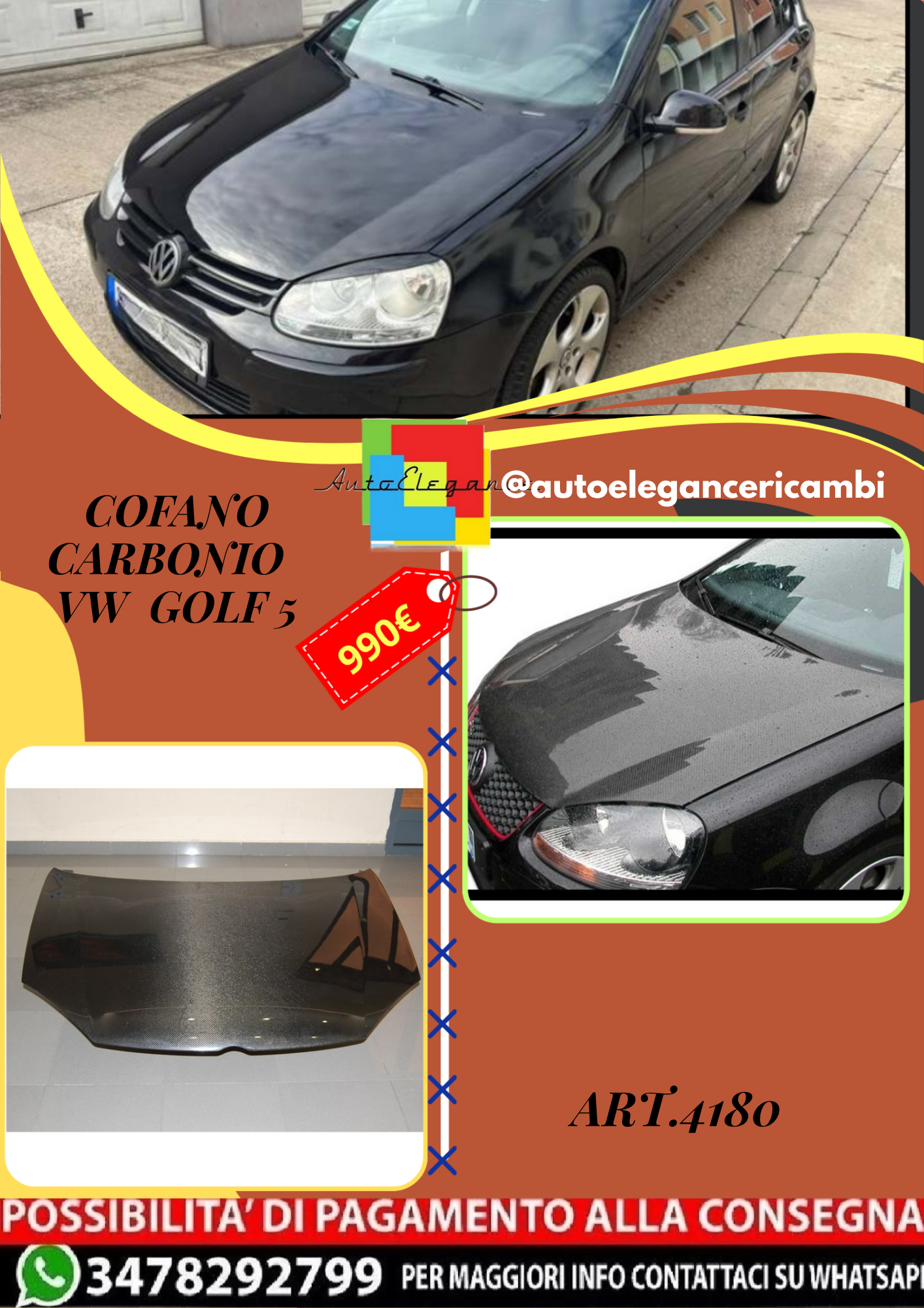 💫ART.4180  Cofano Carbonio Adatto per Volkswagen Golf 5💫