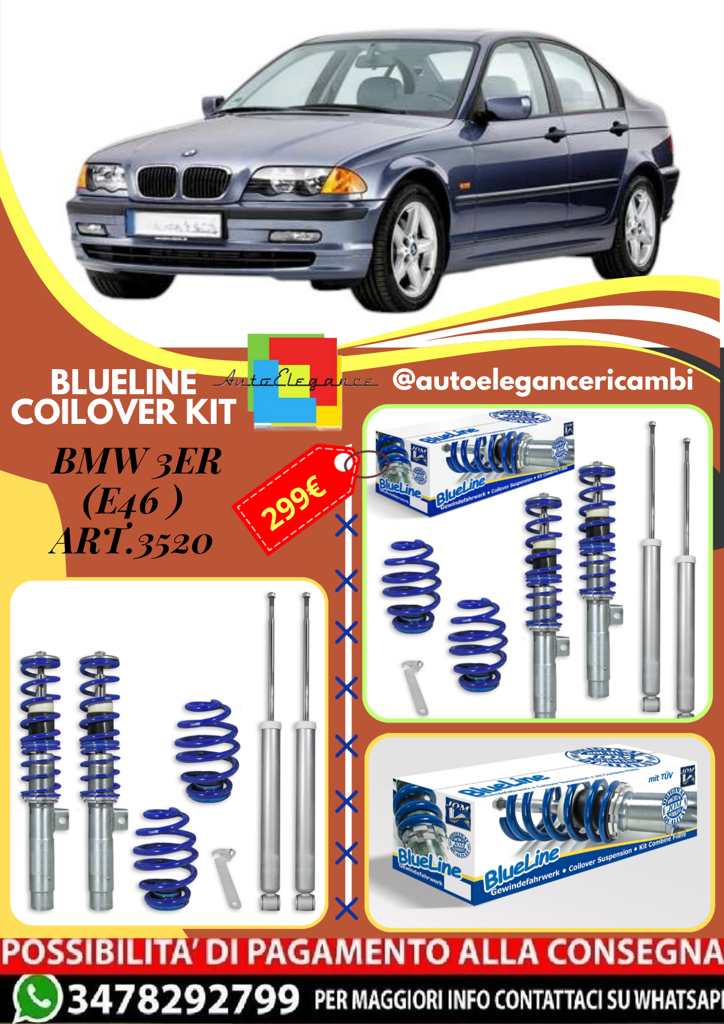 🎀Art.3520 Kit assetto sportivo a ghiera BlueLine adatto per BMW Serie 3 E46🎀