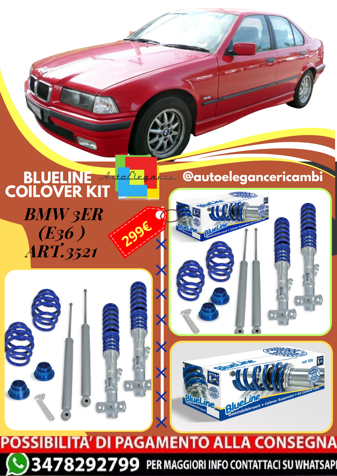 🎀Art.3521 Kit coilover sportivo BlueLine adatto per BMW Serie 3 E36 🎀