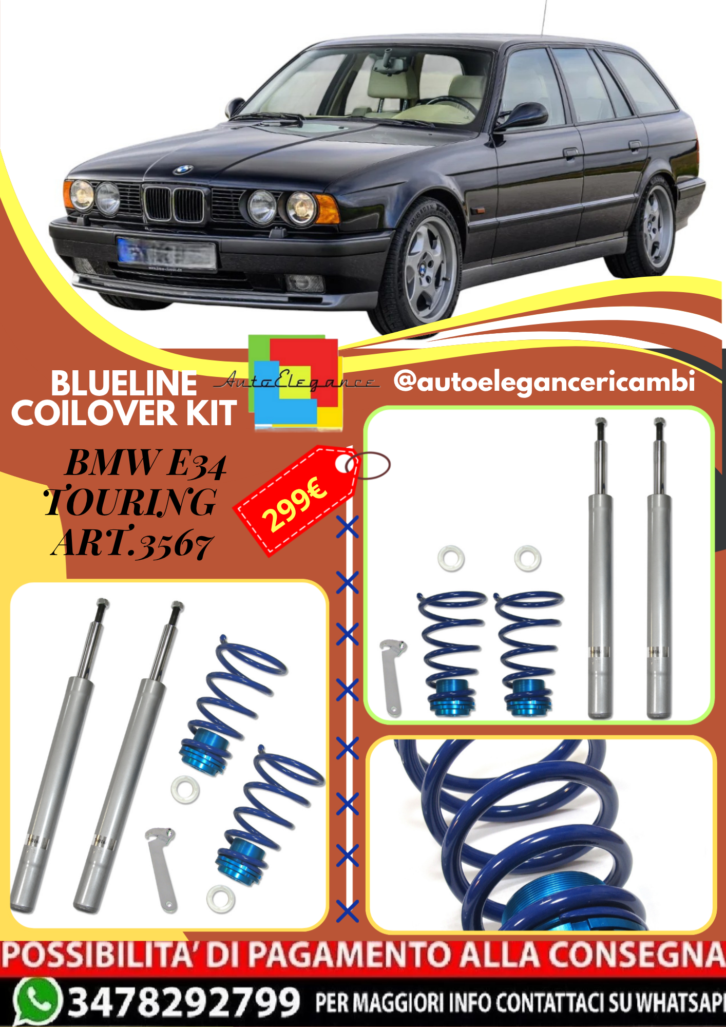 🎀Art.3567 Kit assetto sportivo a ghiera Blueline adatto per BMW E34 Touring  🎀