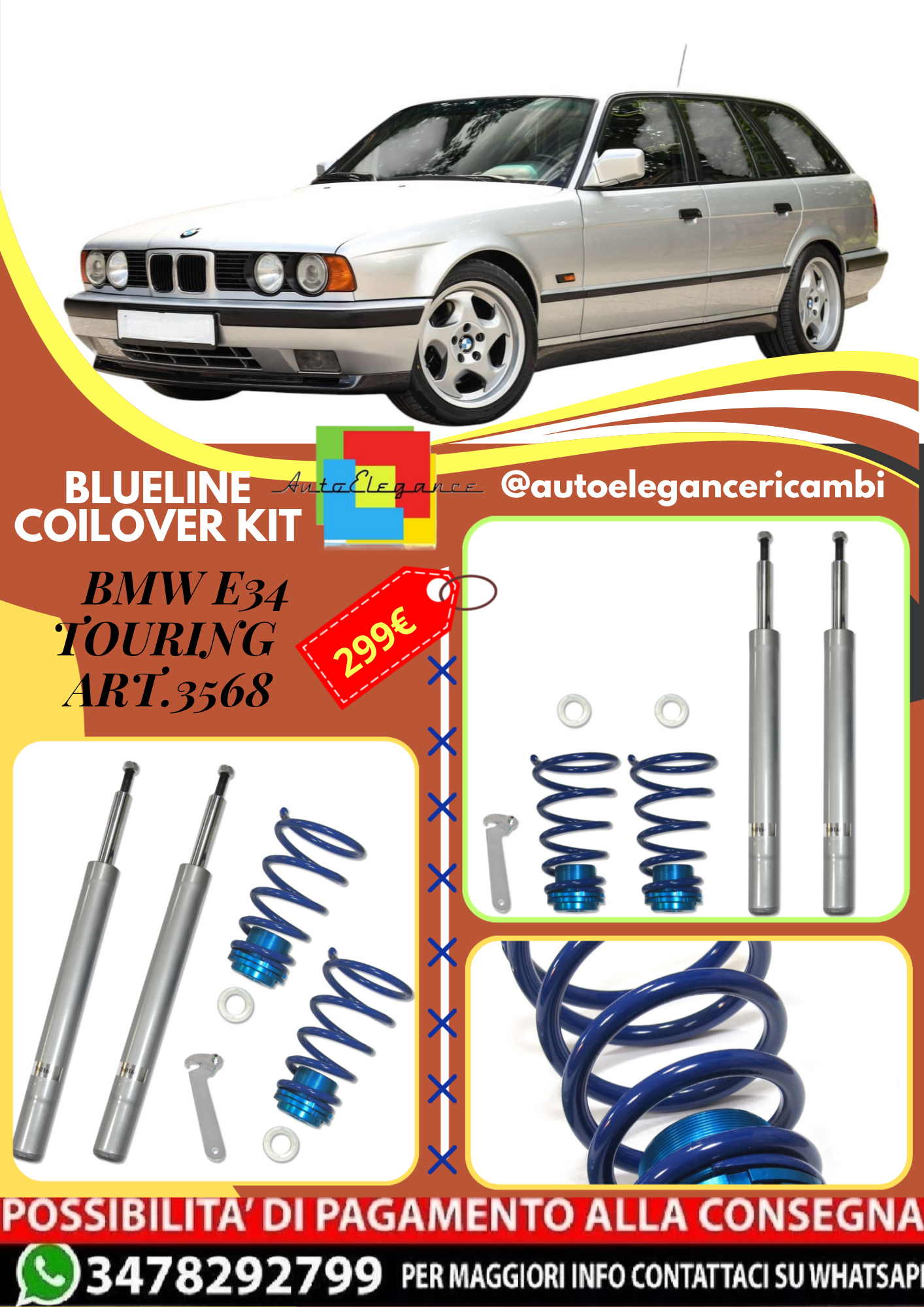 🎀Art.3568 Kit assetto a ghiera Blueline adatto per BMW E34 Touring 524TD🎀