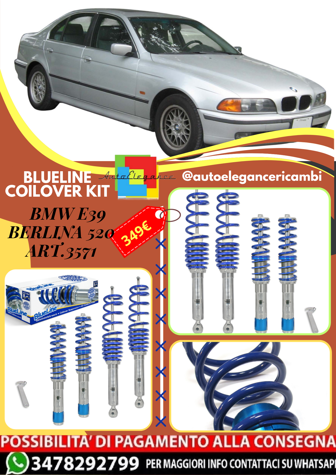 🎀Art.3571 Kit coilover sportivo BlueLine adatto per BMW E39 berlina 520i🎀