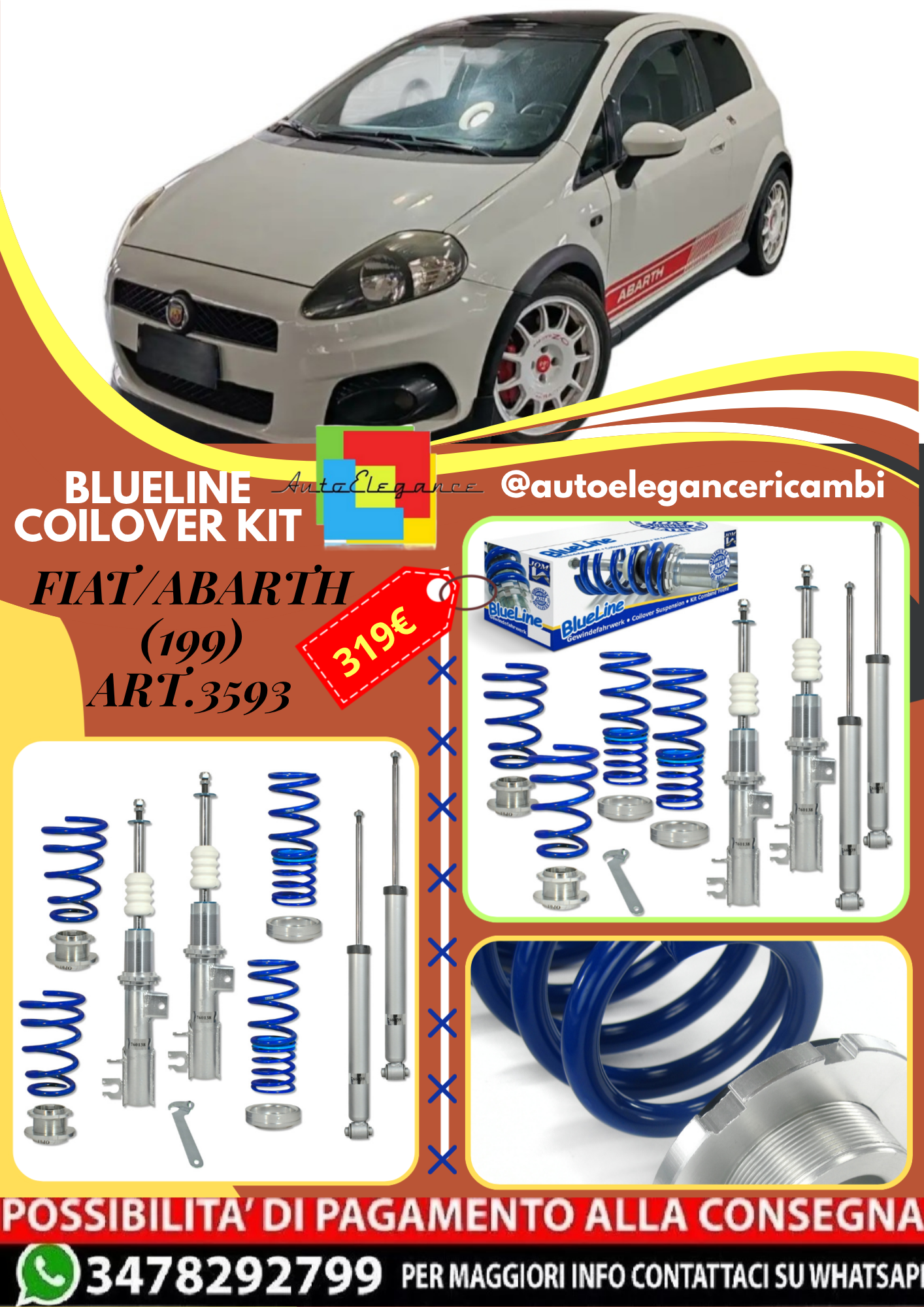 🎀Art.3593 Kit assetto sportivo a ghiera BlueLine adatto per Fiat/Abarth (199)🎀