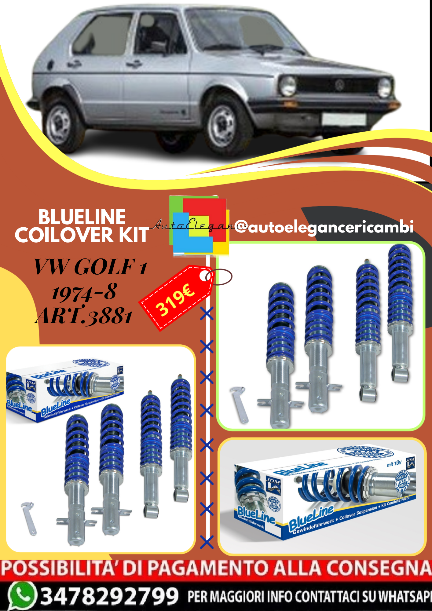 🎀Art.3881 Kit assetto a ghiera BlueLine adatto per VW Golf 1 anno 1974-8🎀