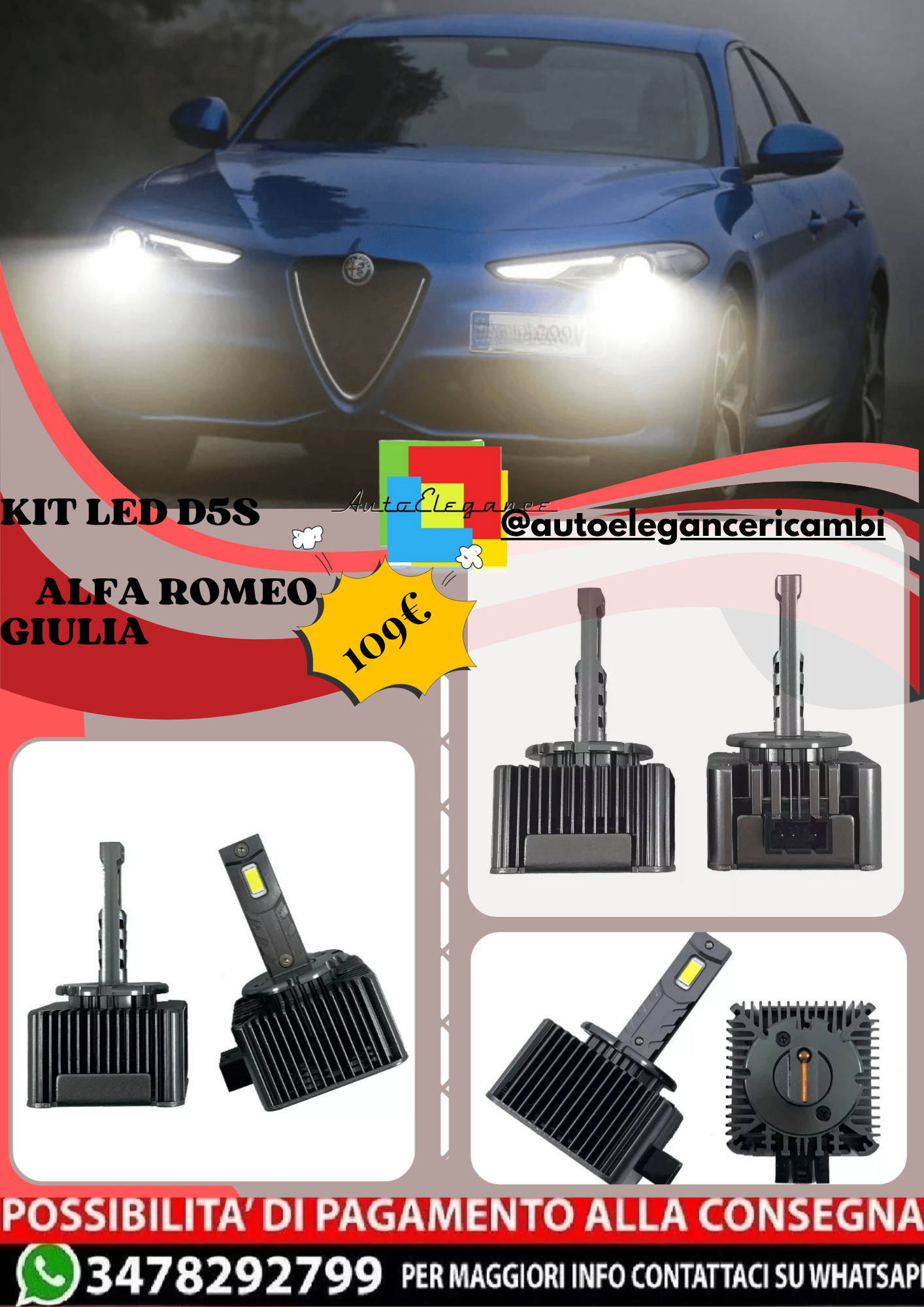🔥KIT LED D5S 6000K Anabbaglianti per Alfa Romeo	Giulia | Bianco CANBUS🔥