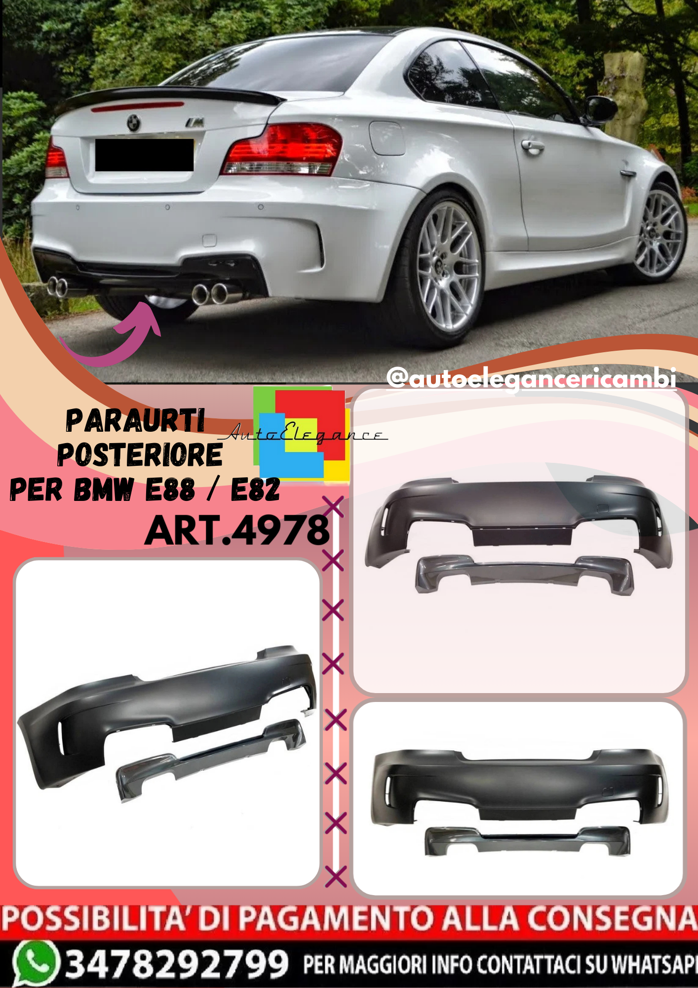 💫ART.4978 Paraurti Posteriore per BMW E88 / E82 Look M1 2007-2011💫