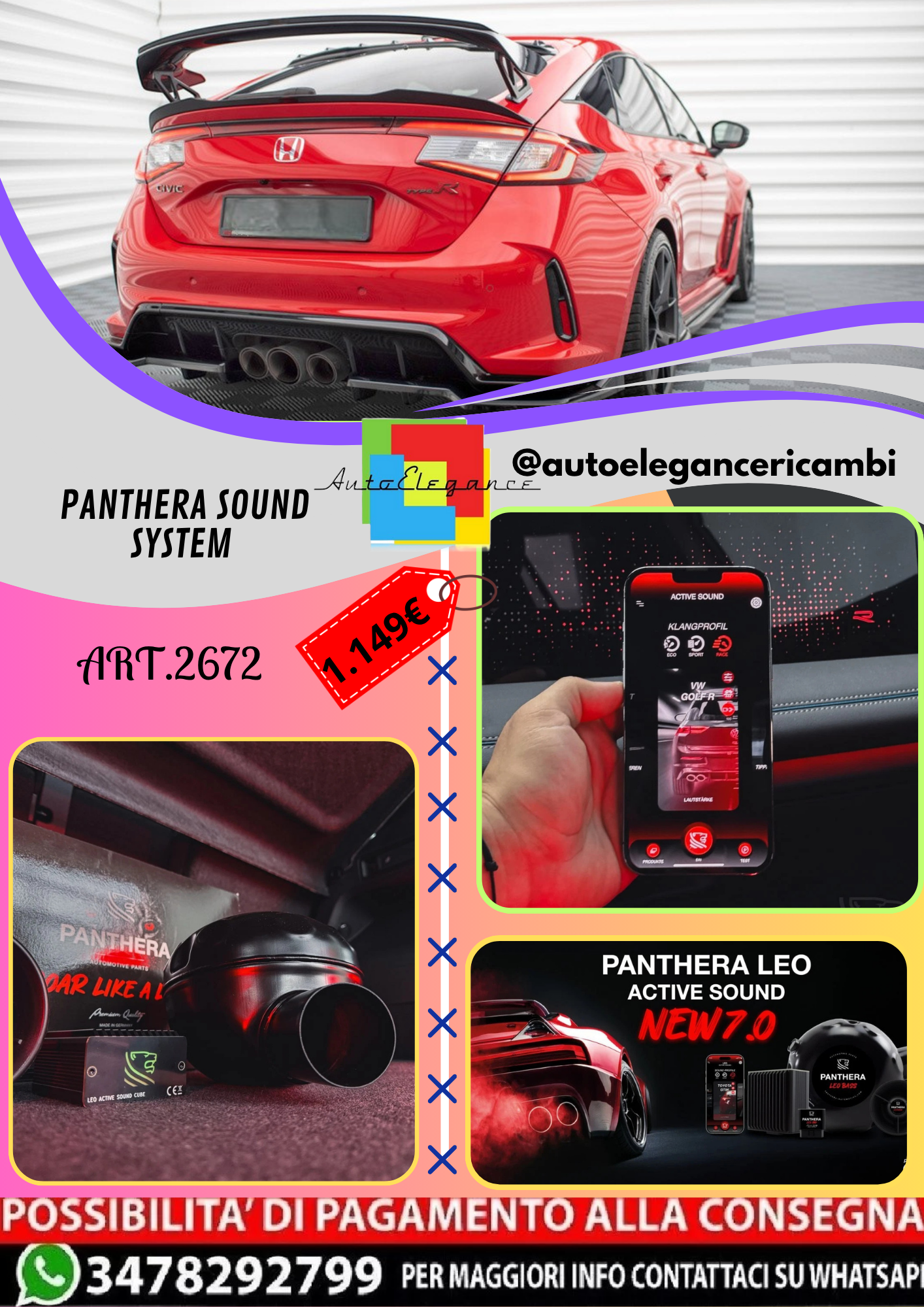 🔥ART.2672 PANTHERA SOUND SYSTEM ADATTO PER HONDA  CIVIC TYPE-R Mk 11🔥