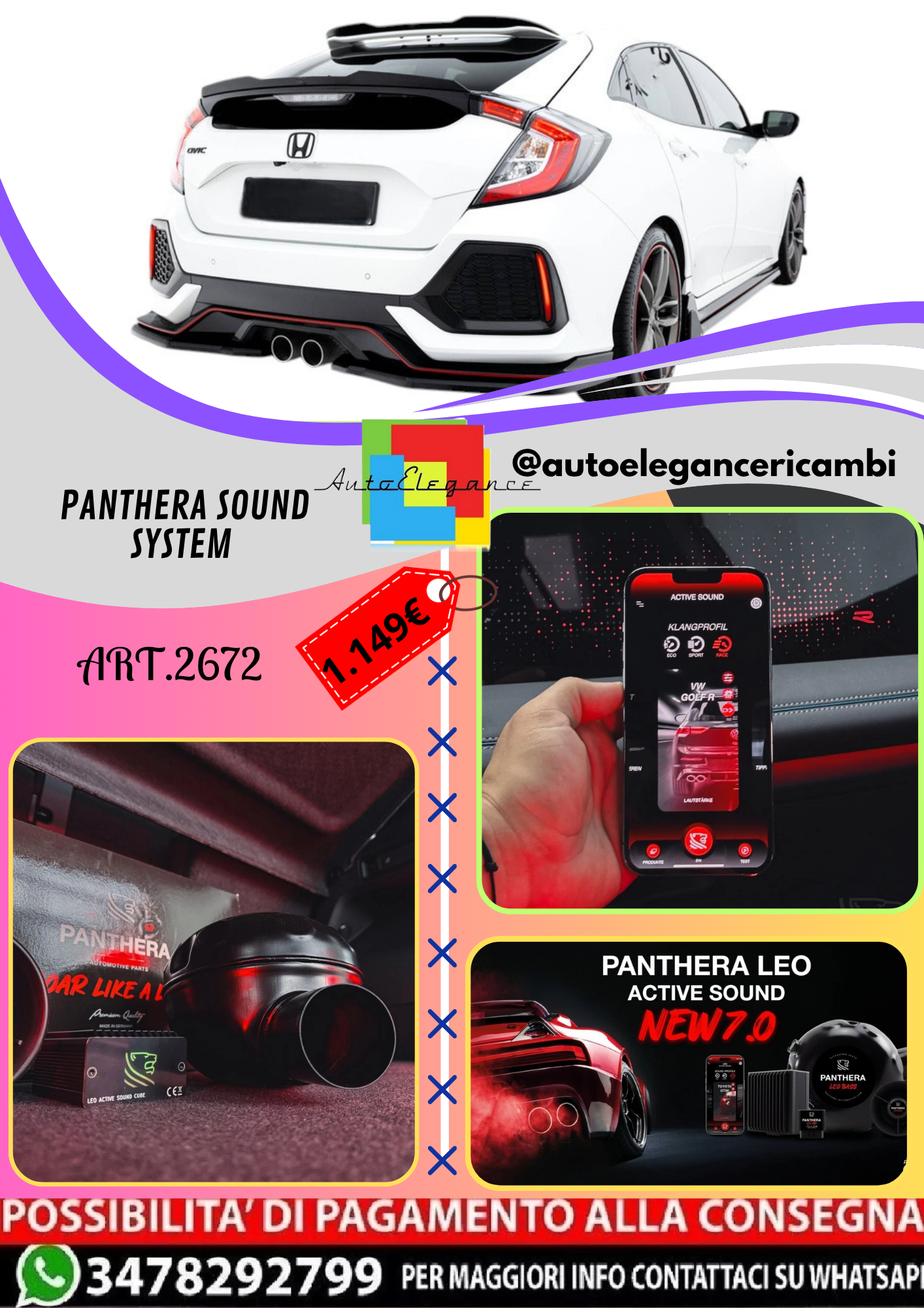 🔥ART.2672 PANTHERA SOUND SYSTEM ADATTO PER HONDA  CIVIC SPORT Mk 10 🔥