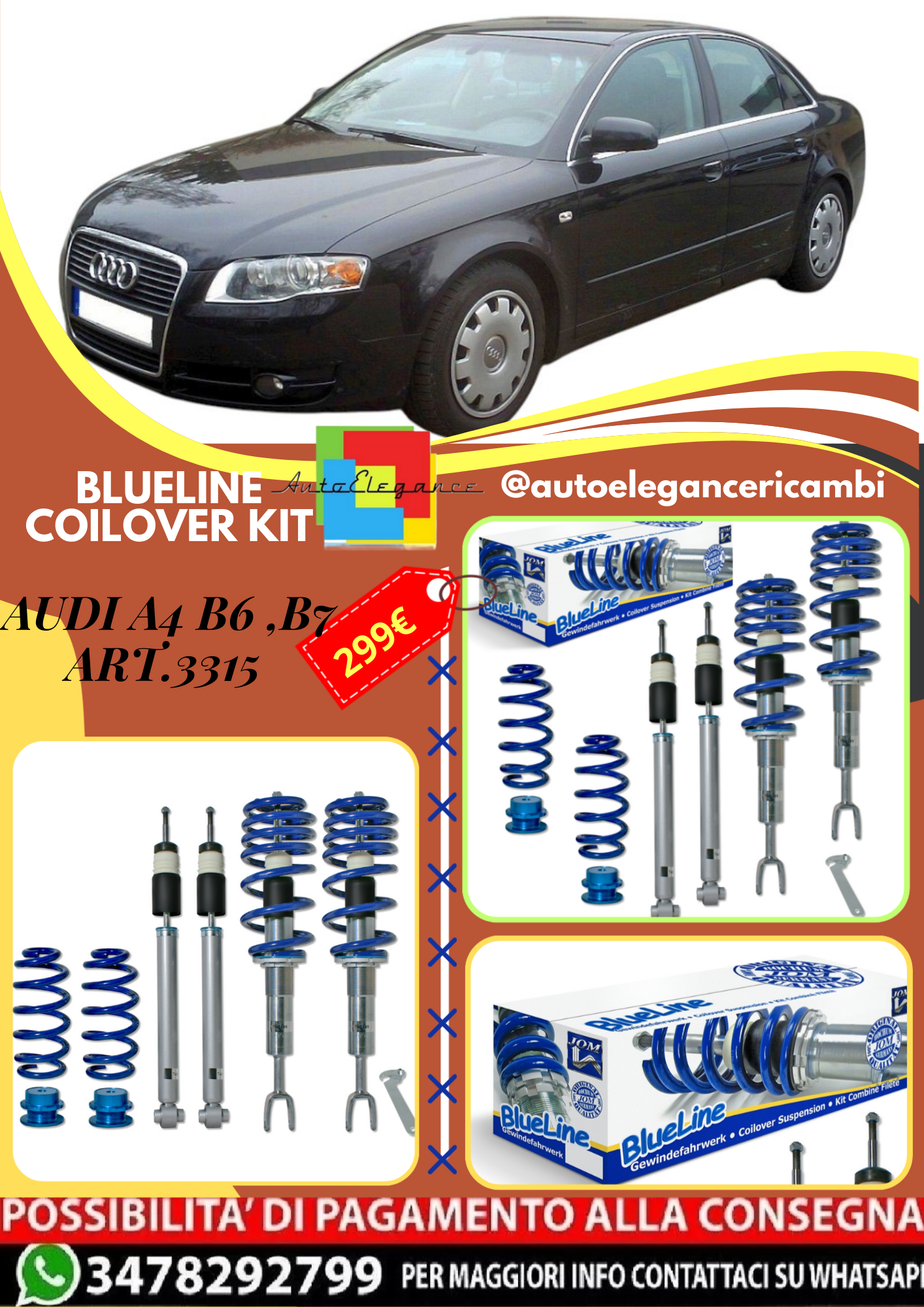 🎀Art.3315 Kit assetto sportivo a ghiera BlueLine adatto per Audi A4 B6 e B7🎀