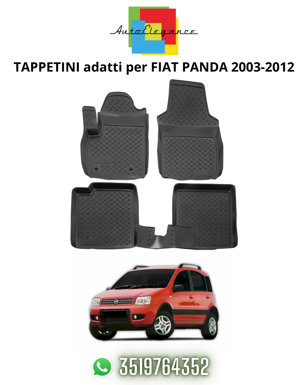 TAPPETI TAPPETINI AUTO IN GOMMA ADATTI PER FIAT PANDA 2003-2012