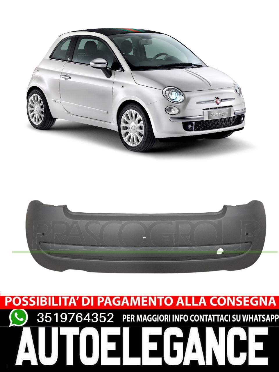 Prasco Rear Bumper WITH PRIMER HOLES 3-HOLE PDc MOLDING For Fiat 500 