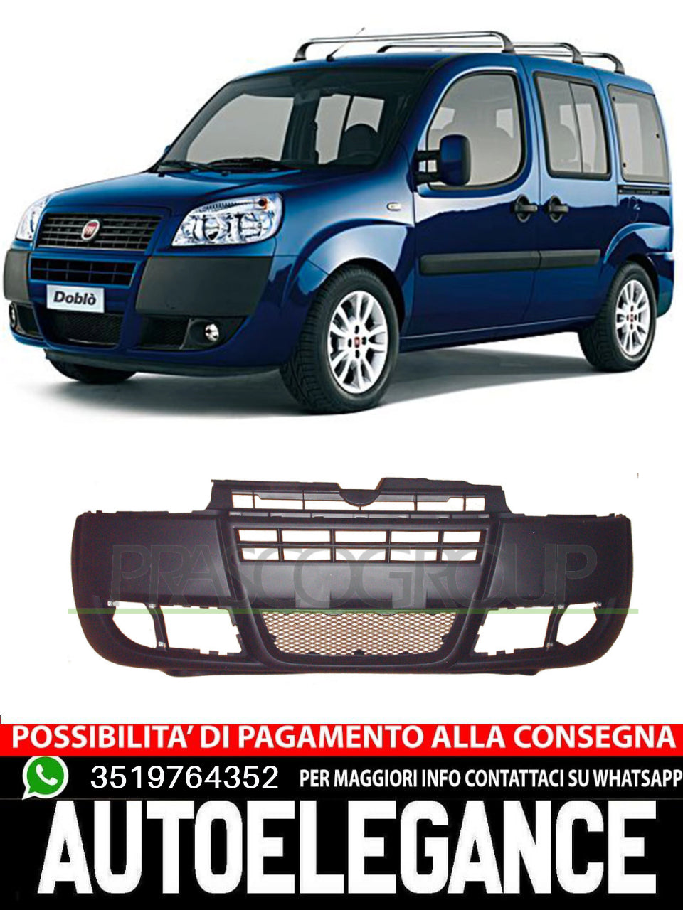 Paraurti Prasco Anteriore CON GRIGLIA CENTRALE TAPPO COPRIGANCIO per FIAT DOBLO