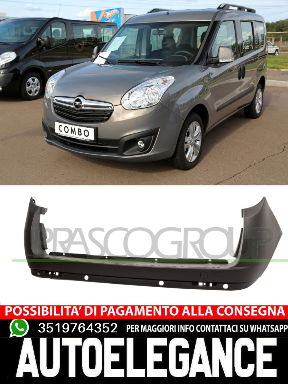 Rear bumper 2 swing doors w/PDC holes - for Fiat Doblo' from 2009-2018 