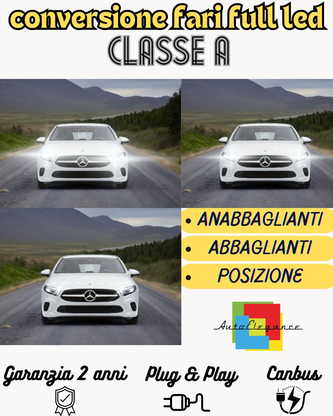KIT FARI FULL LED MERCEDES CLASSE A ANABBAGLIANTI H7 + ABBAGLIANTI DIURNE H15
