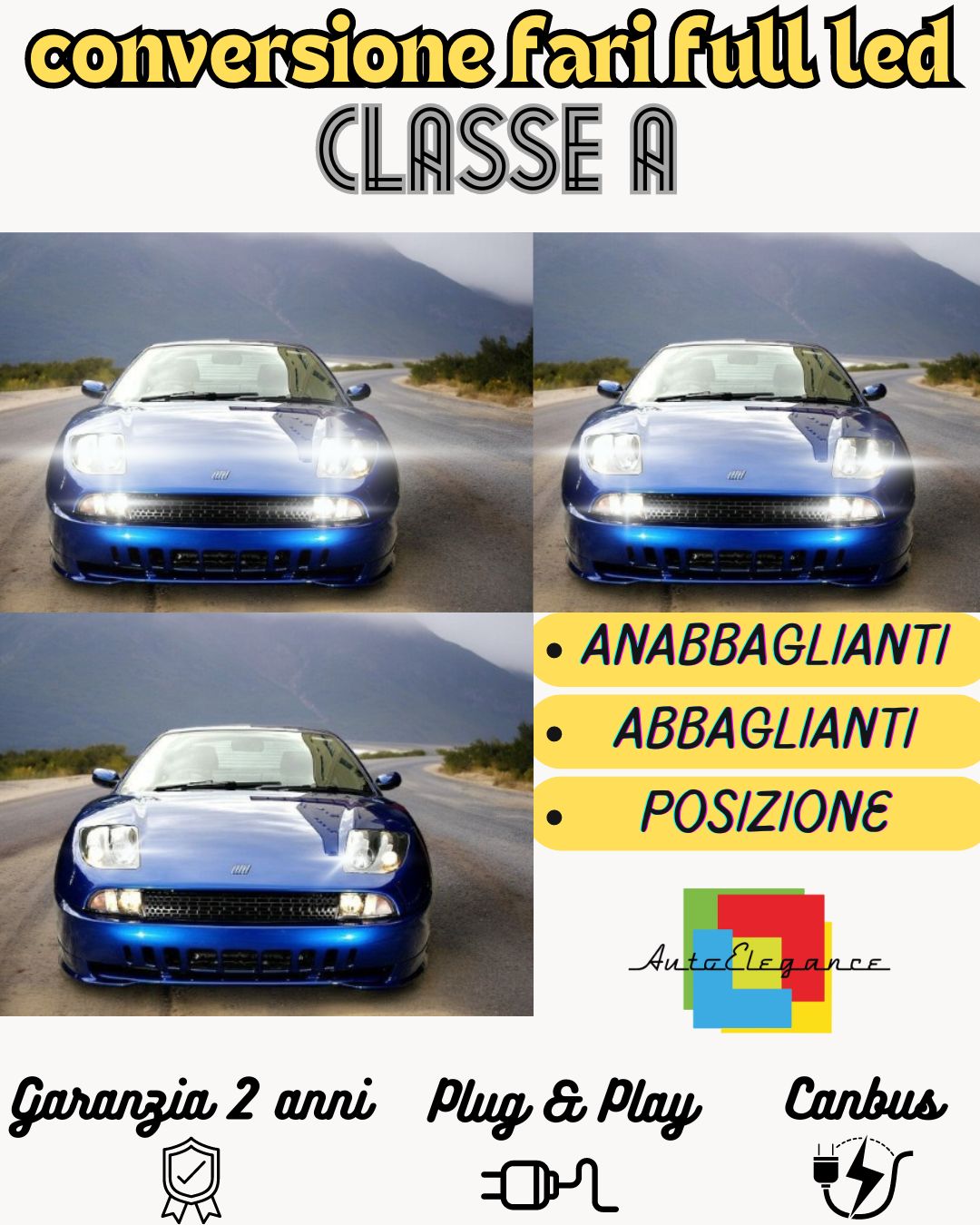 KIT CONVERSIONE FARI FULL LED FIAT COUPE' CANBUS MONOLED 16400 LUMEN 6000K