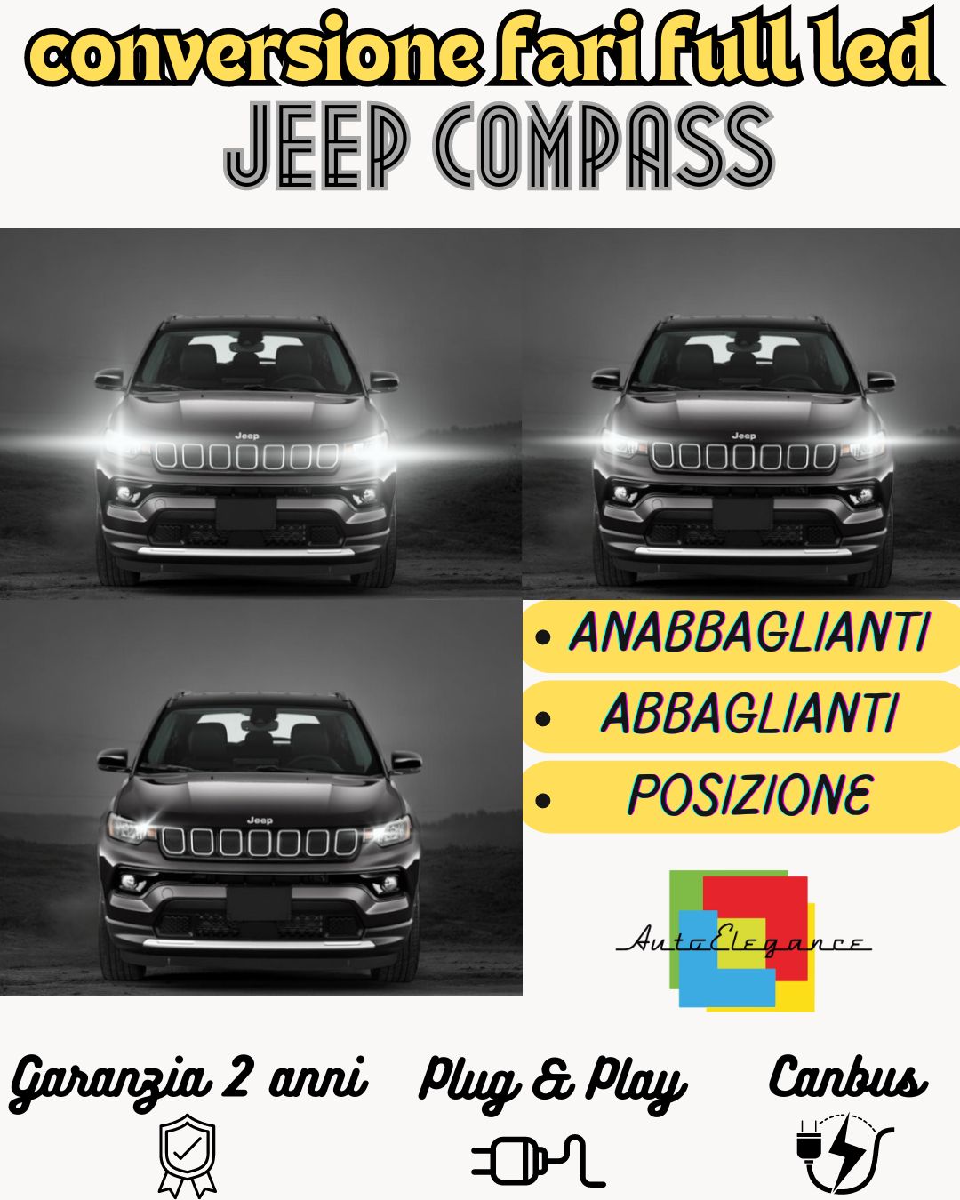 FULL LED HEADLIGHT CONVERSION JEEP COMPASS MP HB3 CANBUS ICE WHITE MONOLED