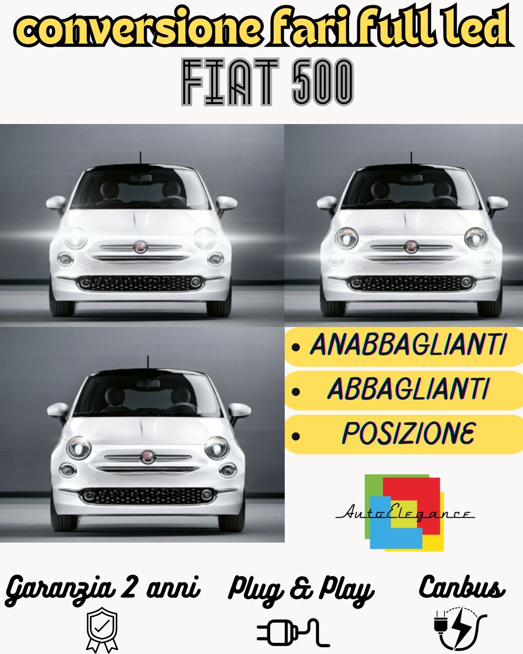 FIAT 500 H7 LED KIT 6000K WHITE 6000 LUMEN CANBUS LOW BEAM PARABOLA HEADLIGHT 