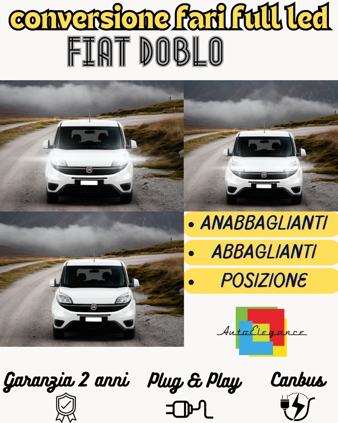KIT FARI FULL LED FIAT DOBLO DAL 2015 ANABBAGLIANTI ABBAGLIANTI CANBUS 6000K
