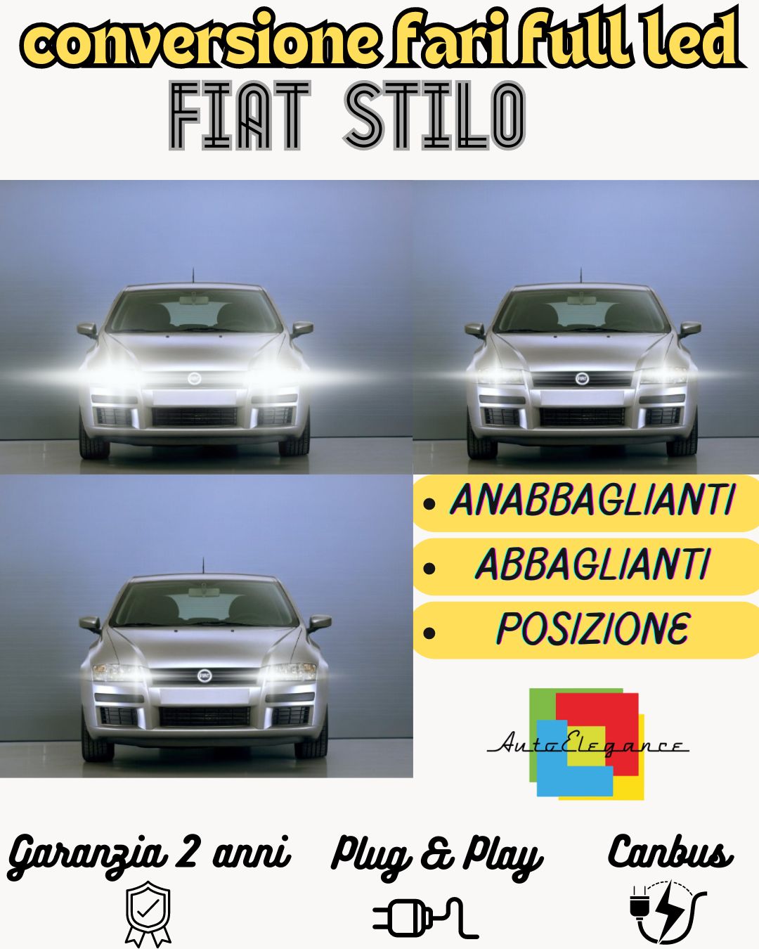 KIT FARI FULL LED FIAT STILO ANABBAGLIANTI ABBAGLIANTI E SETLUCI POSIZIONE 6000K