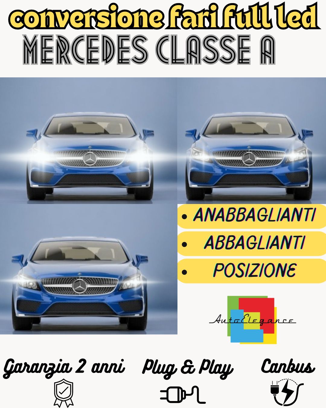 KIT FARI FULL LED MERCEDES CLASSE A ANABBAGLIANTI H7 + ABBAGLIANTI DIURNE H15