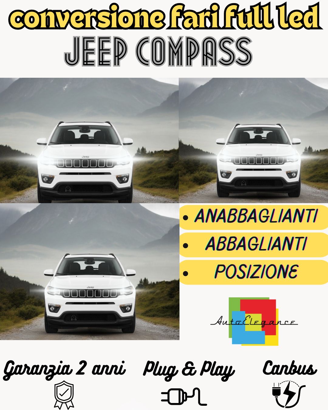 CONVERSIONE FARI FULL LED JEEP COMPASS MP 9600 LUMEN 6000K BIANCO CANBUS
