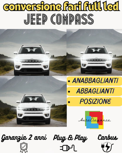 CONVERSIONE FARI FULL LED JEEP COMPASS MP 9600 LUMEN 6000K BIANCO CANBUS