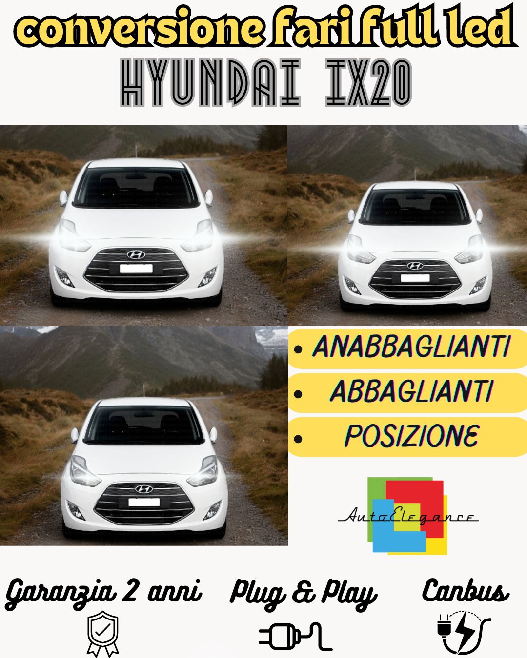 CONVERSIONE FARI COMPLETA FULL LED PER HYUNDAI IX20 6000K BIANCO GHIACCIO CANBUS