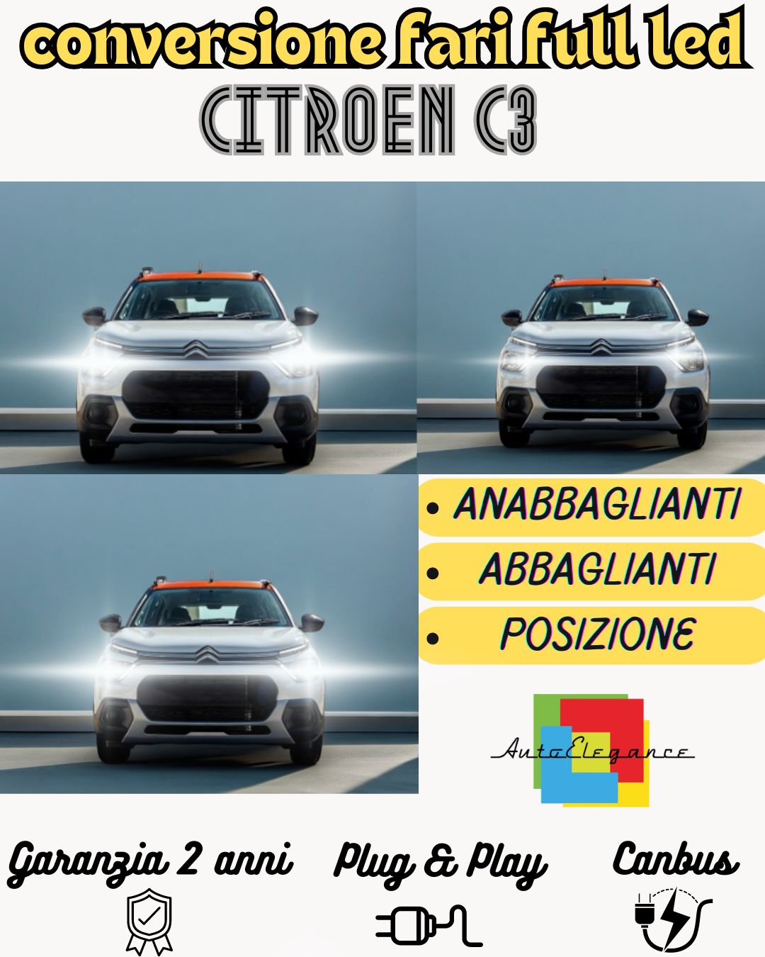 KIT FARI FULL LED CITROEN C3 MK3 III ANABBAGLIANTI H7 + ABBAGLIANTI H7 CANBUS