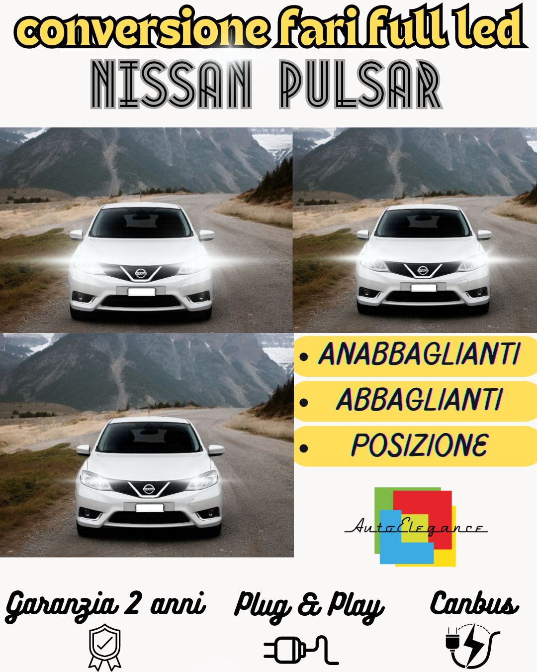 KIT FARI FULL LED PER NISSAN PULSAR ANABBAGLIANTI ABBAGLIANTI NO ERROR