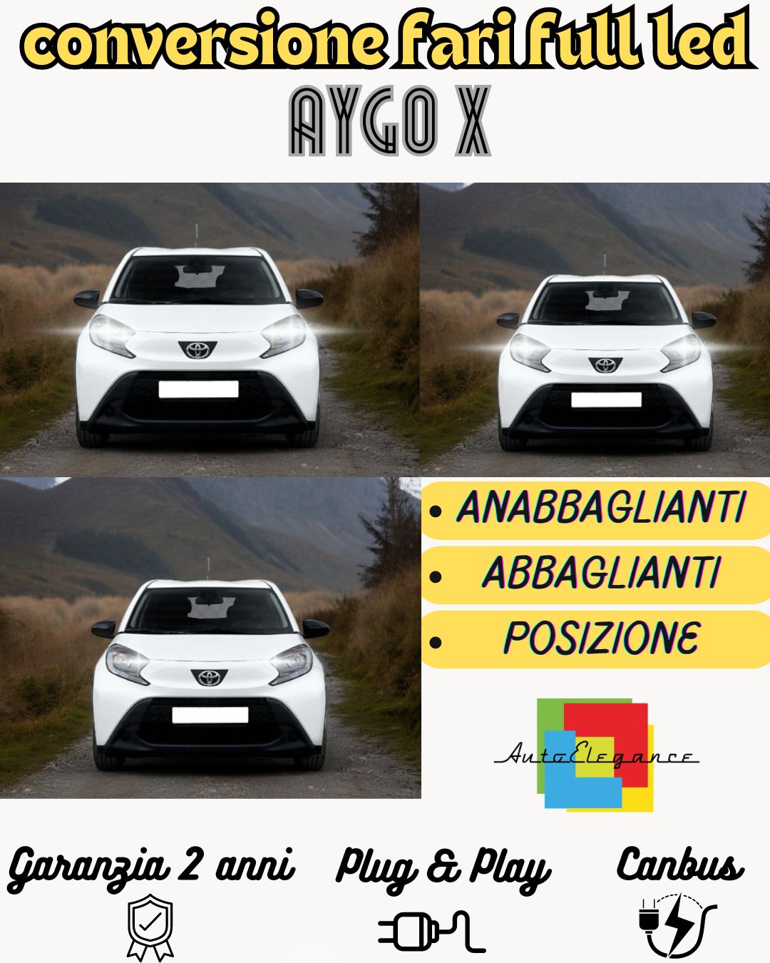 CONVERSIONE FARI FULL LED TOYOTA AYGO X 12800 LUMEN 6000K BIANCO CANBUS