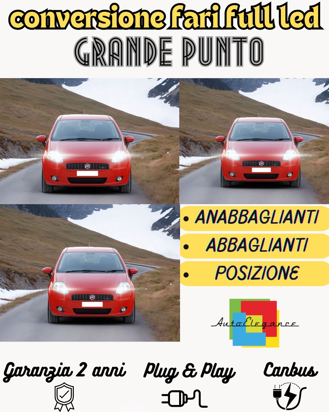 KIT FULL LED H4 + T10 PER FIAT GRANDE PUNTO ANABBAGLIANTI  ABBAGLIANTI POSIZIONE
