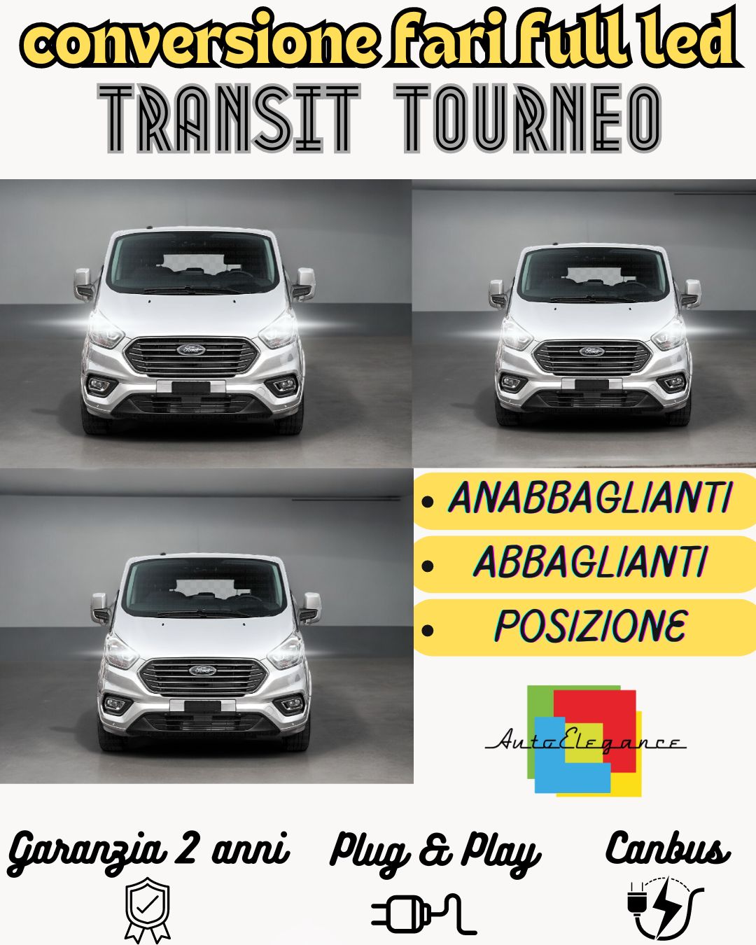 CONVERSIONE FARI FULL LED FORD TRANSIT TOURNEO CUSTOM CANBUS BIANCO GHIACCIO