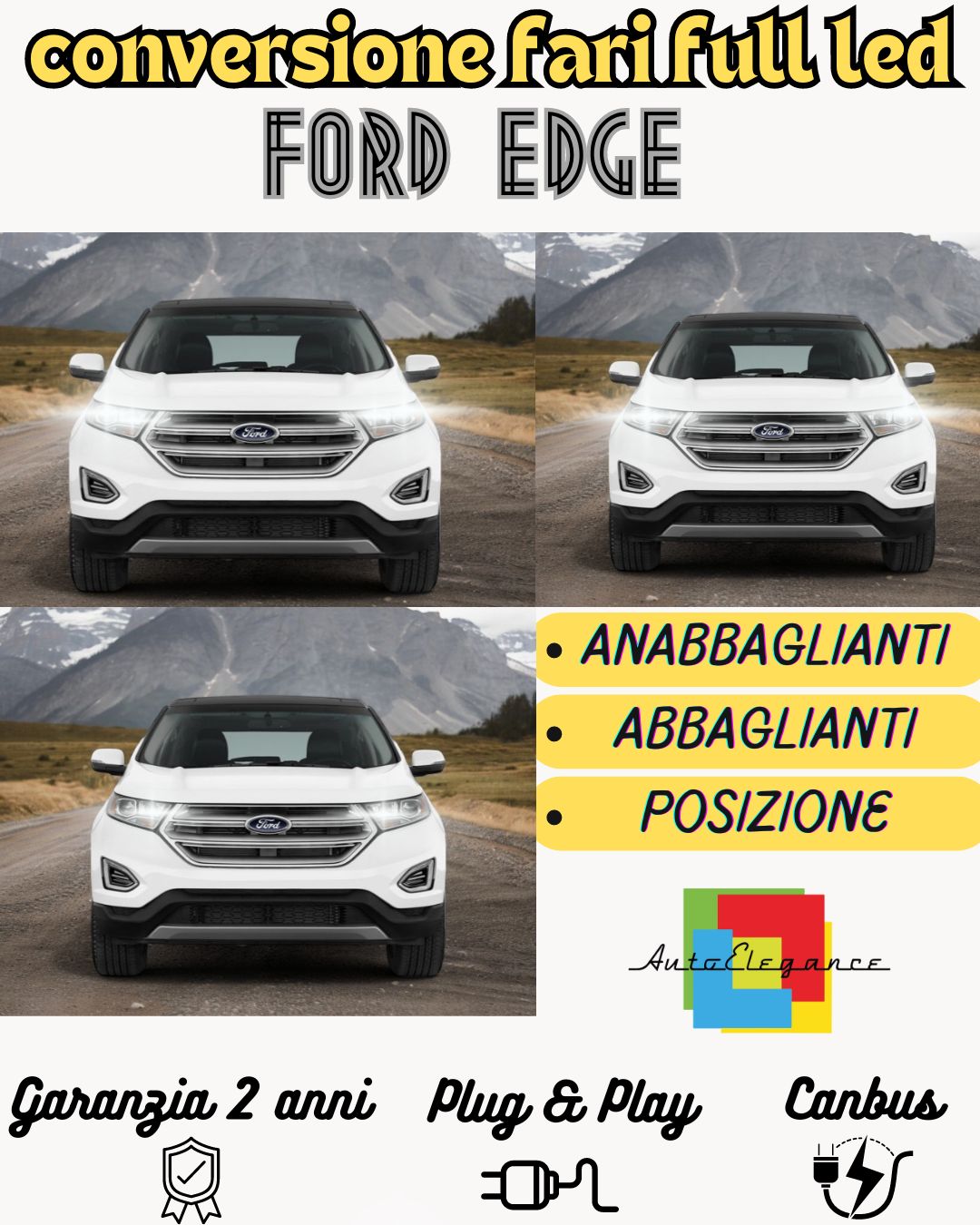 KIT FARI FULL LED FORD EDGE ANABBAGLIANTI H7 + ABBAGLIANTI DIURNE DRL H15 CANBUS