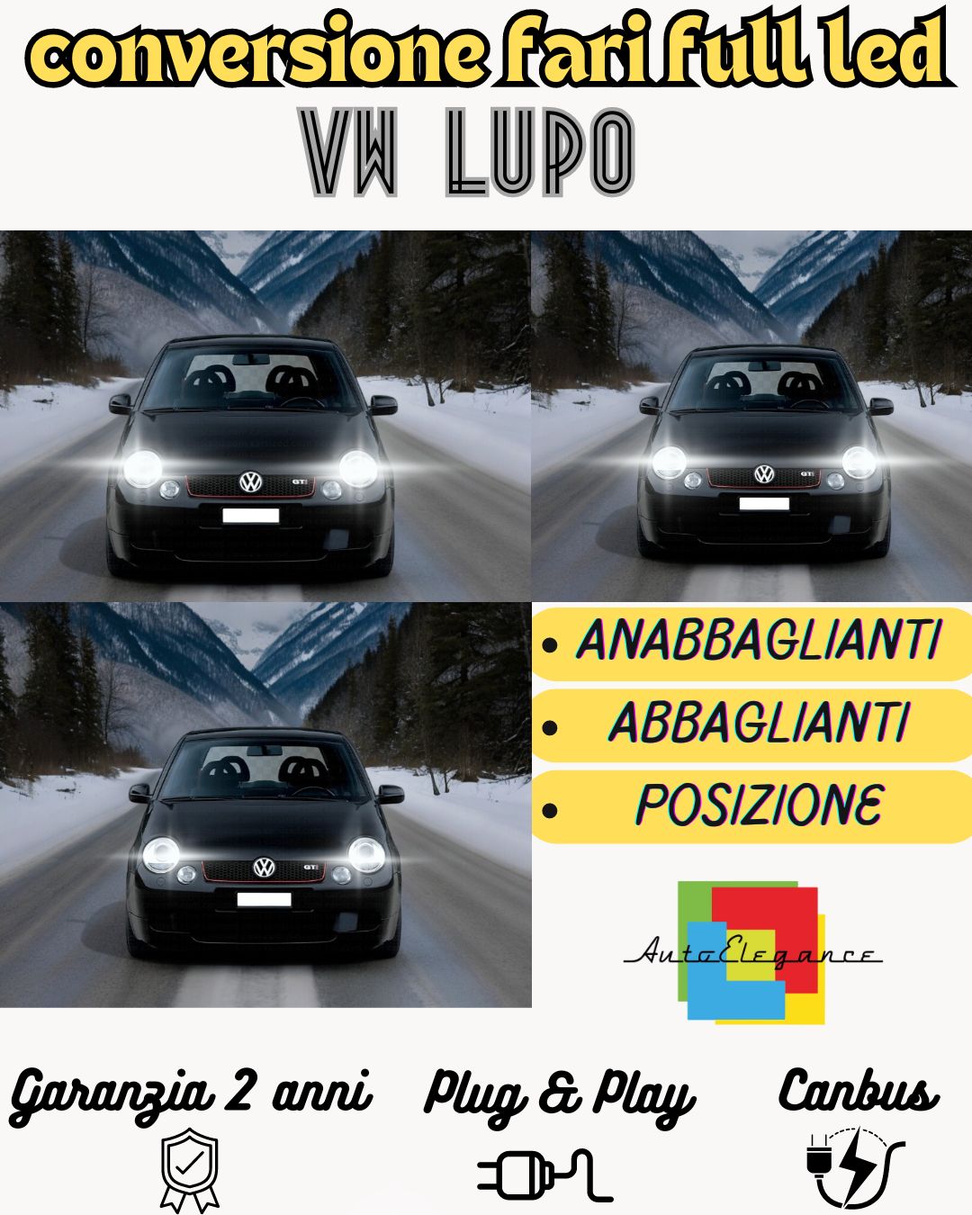 CONVERSIONE FARI FULL LED VOLKSWAGEN LUPO 18000 LUMEN 6000K BIANCO CANBUS