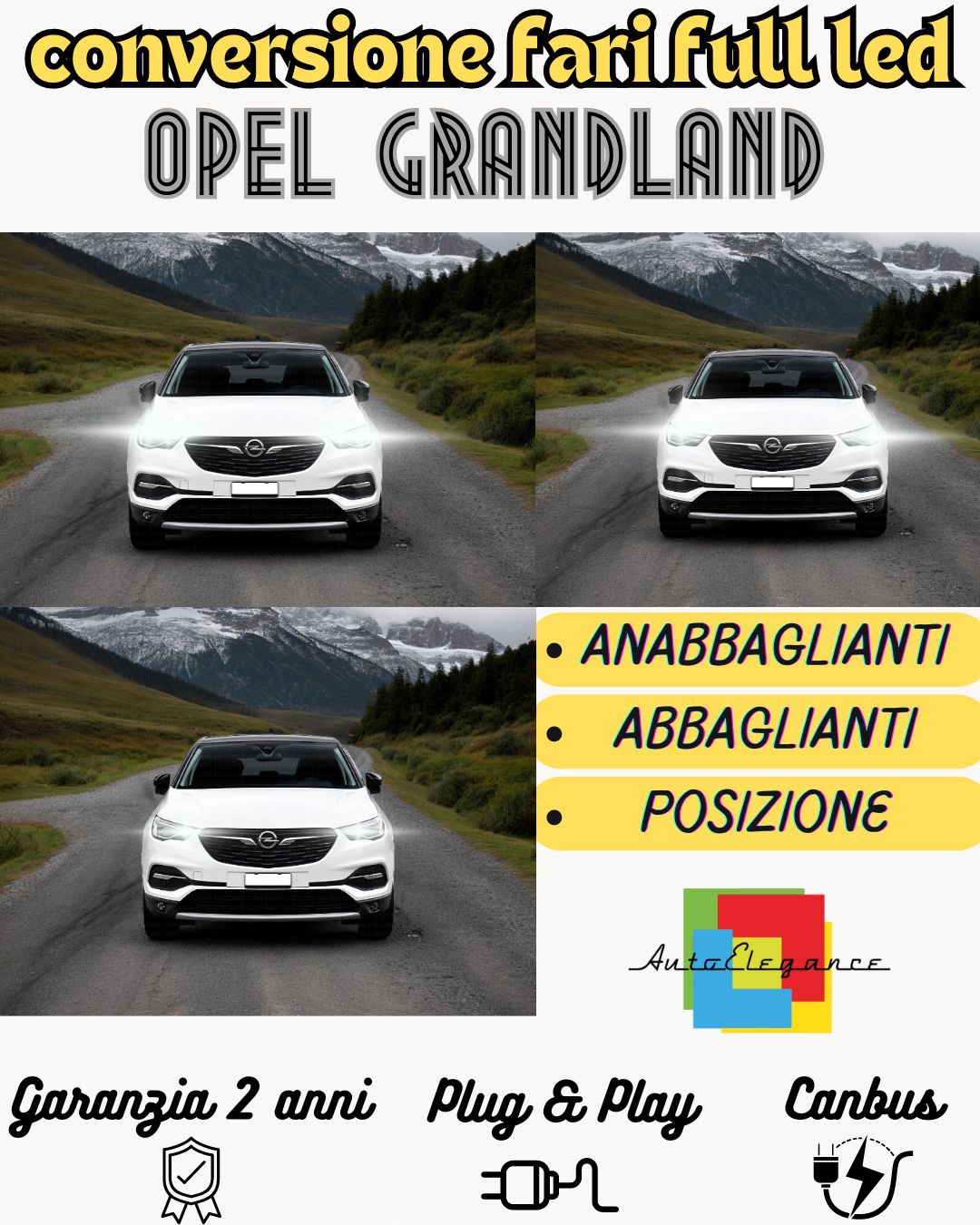 CONVERSIONE FARI FULL LED OPEL GRANDLAND X CANBUS 6000K BIANCO GHIACCIO