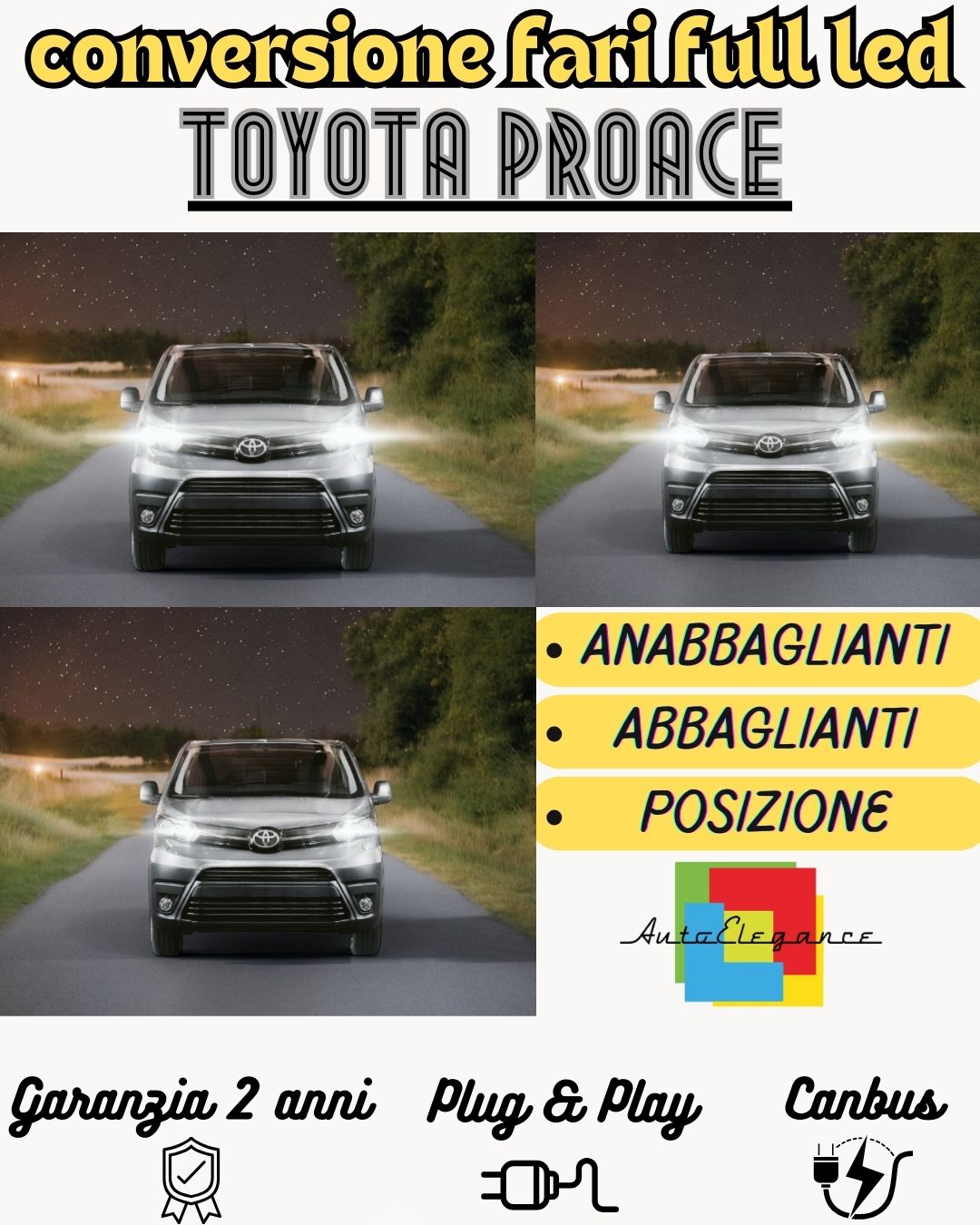 CONVERSIONE FARI LED TOYOTA PROACE MK2 ANABBAGLIANTI H7 ABBAGLIANTI H1 DRL T20