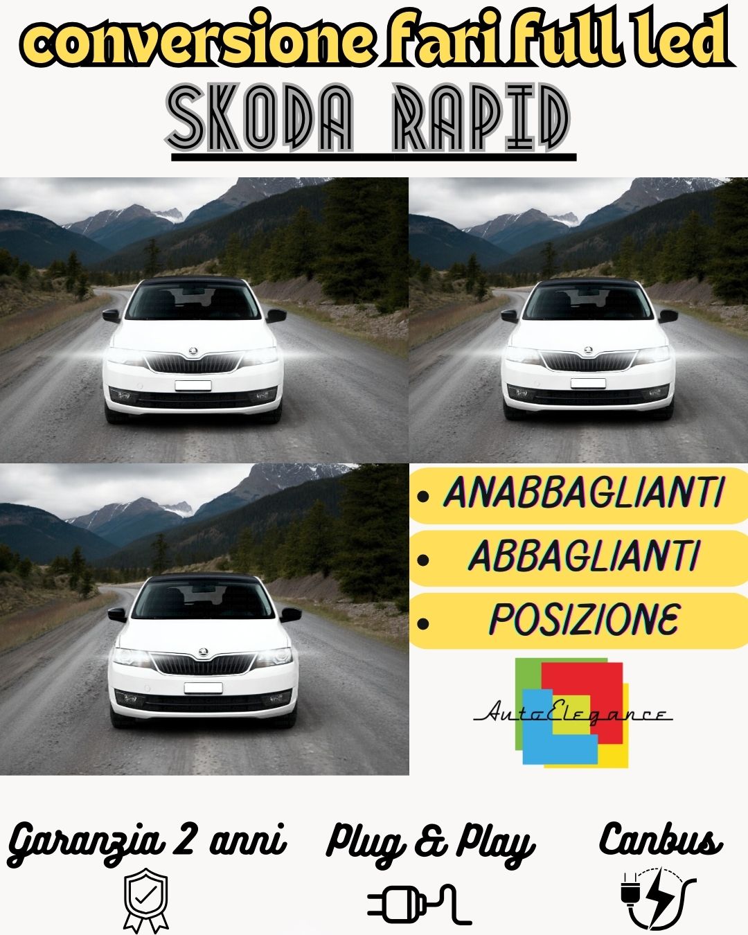 KIT FARI FULL LED SKODA RAPID ANABBAGLIANTI H7 + ABBAGLIANTI DIURNE H15 CANBUS