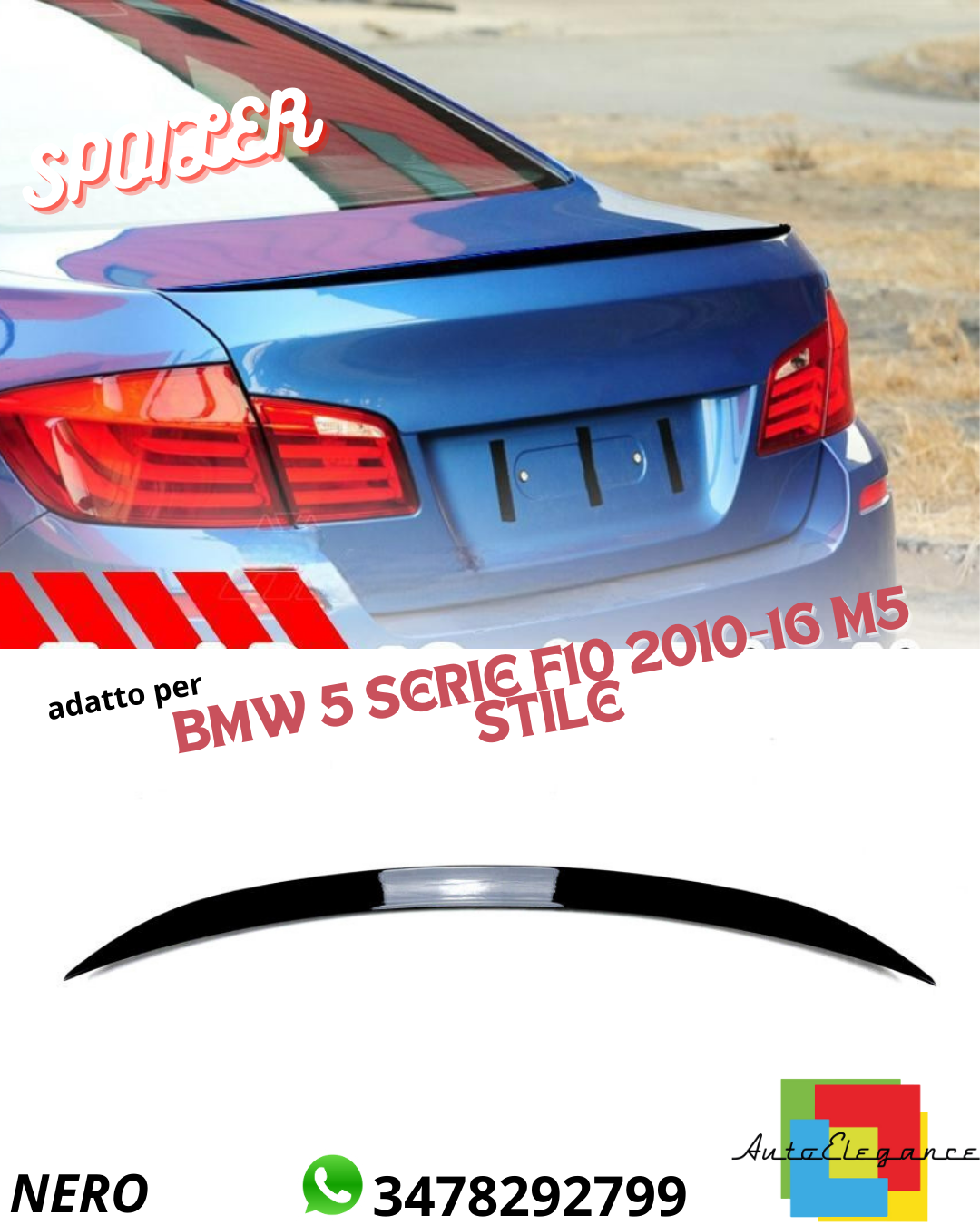 ⭐SPOILER ADATTO PER BMW 5 SERIE F10 2010-16 M5 STILE NERO LUCIDO⭐