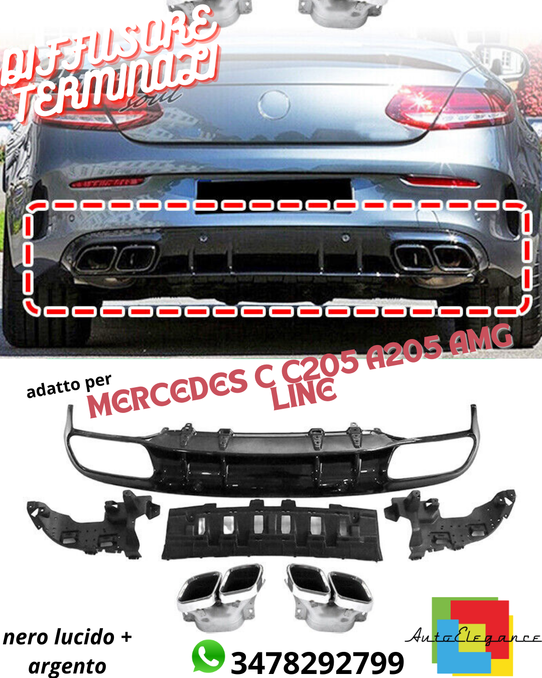 ✔️DIFFUSORE + TERMINALI ADATTO PER MERCEDES C C205 A205 NERO LUCIDO+ARGENTO✔️