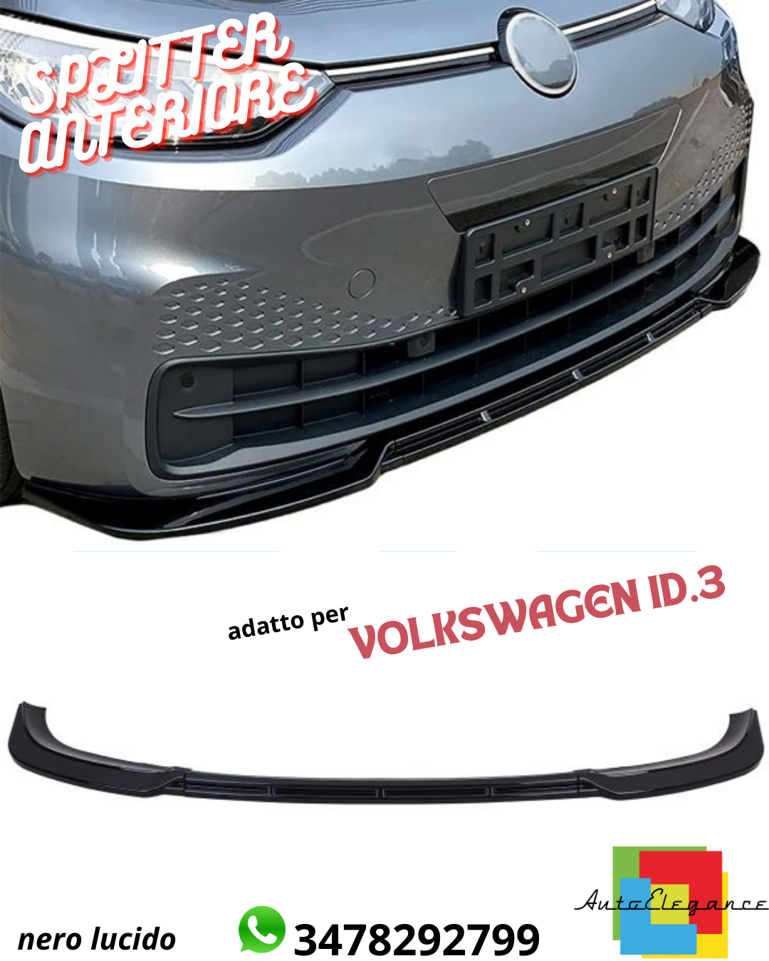 ✔️FRONT SPLITTER SUITABLE FOR VW ID.3 GLOSSY BLACK✔️