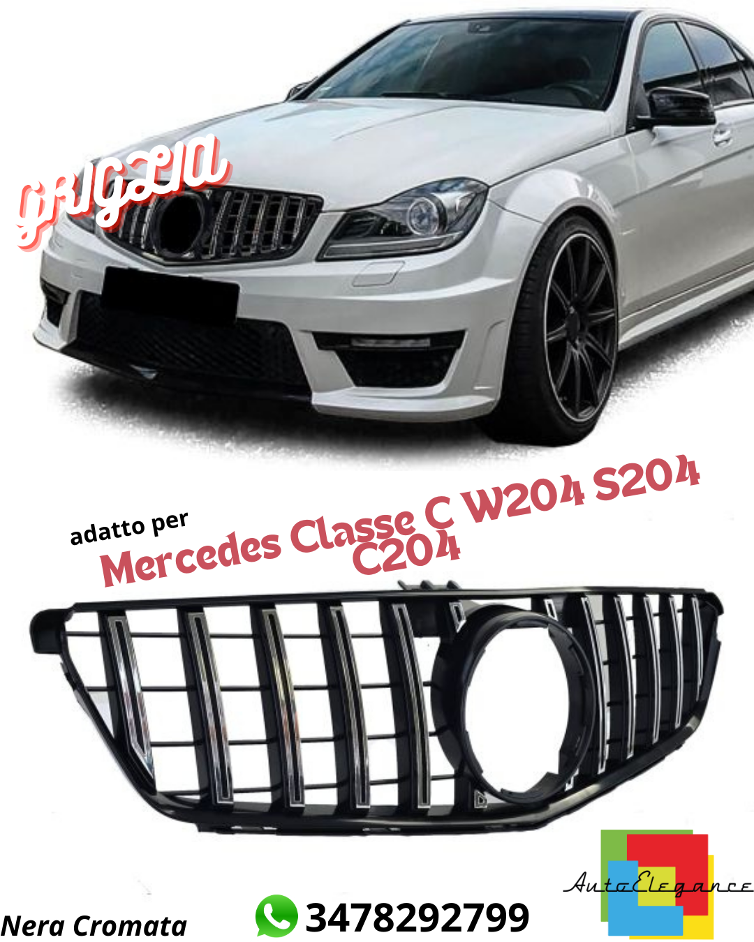 👉SPORT GRILLE SUITABLE FOR Mercedes C-Class W204 S204 C204Black Chrome👉 