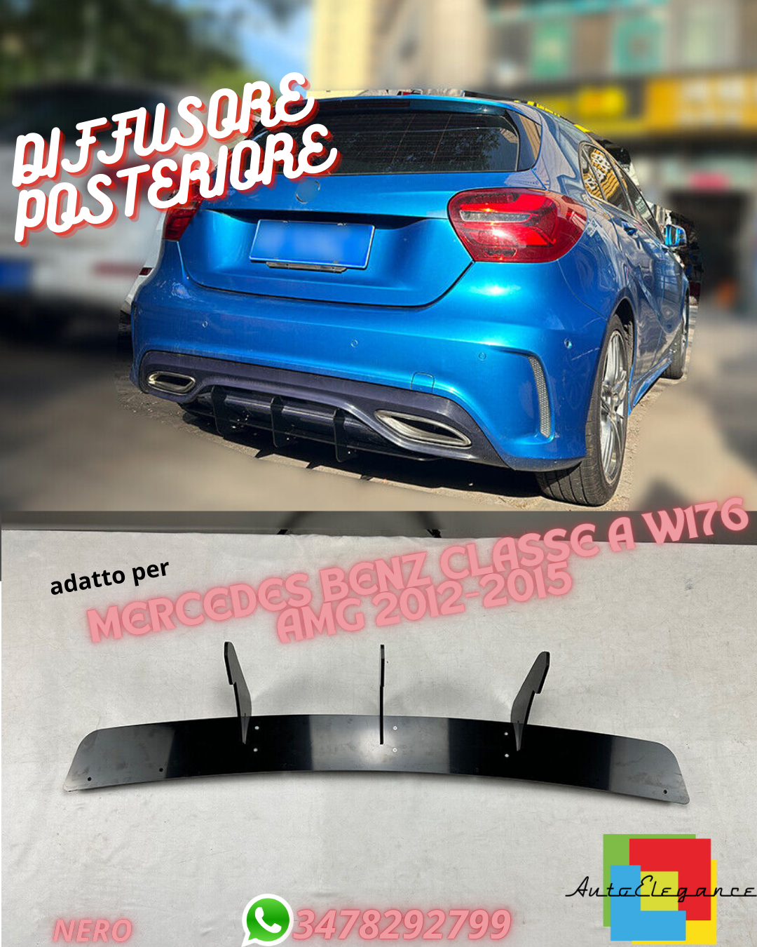 🤩REAR DIFFUSER FOR MERCEDES BENZ A CLASS W176 AMG 2012-2015 BLACK ABS🤩