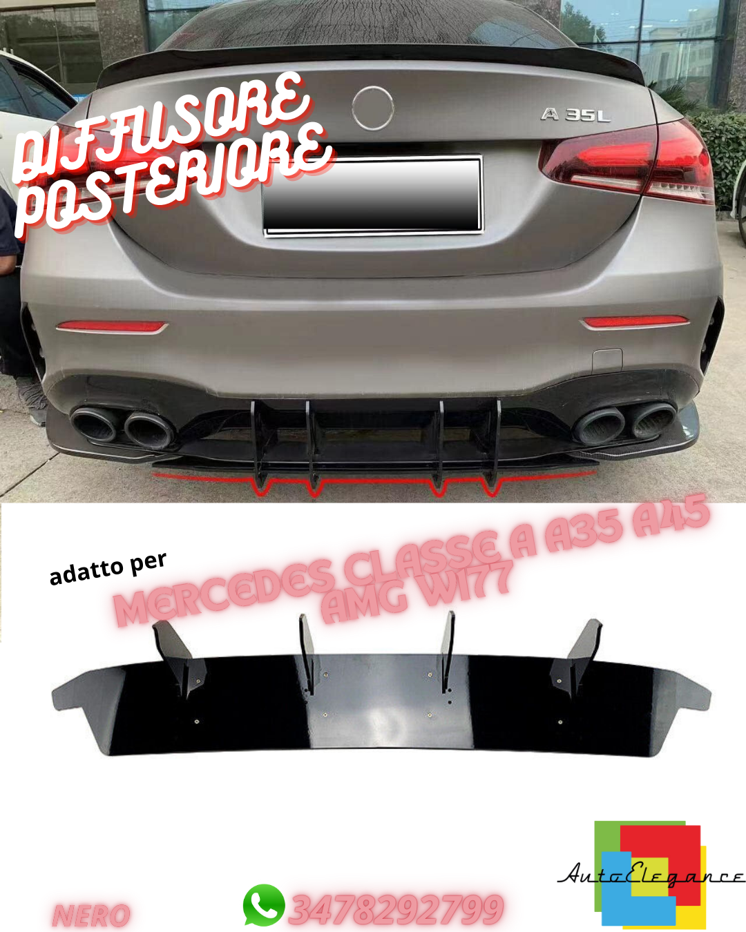 🤩REAR DIFFUSER FOR MERCEDES A CLASS A35 A45 AMG 2012-2015 BLACK ABS🤩
