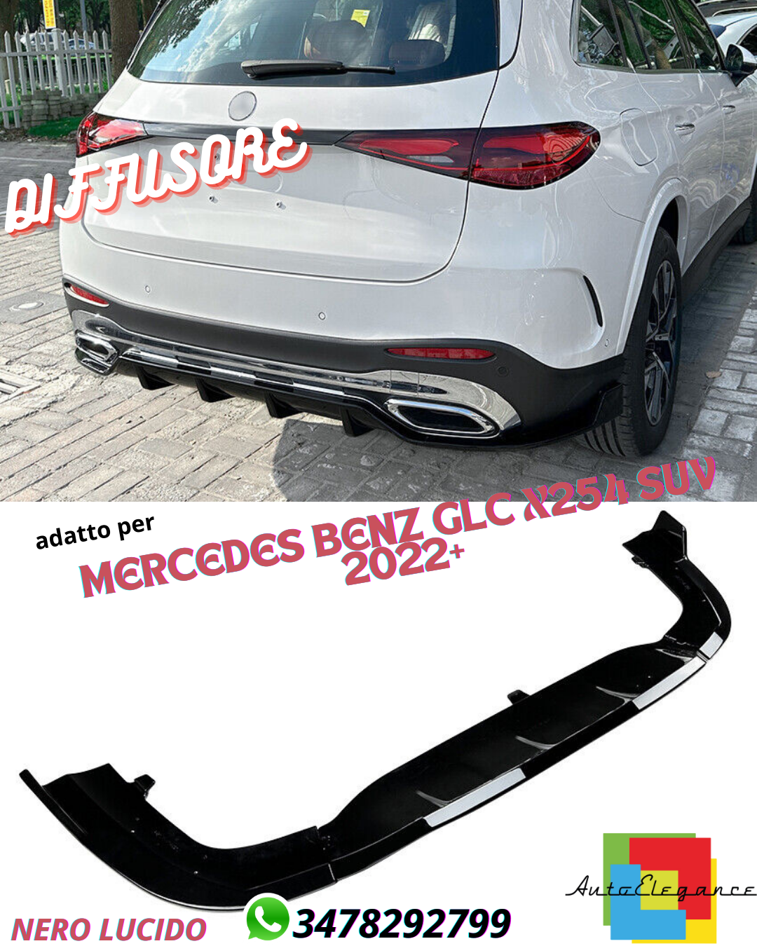 🔥DIFFUSORE ADATTO PER MERCEDES BENZ GLC X254 SUV 2022+ NERO LUCIDO🔥