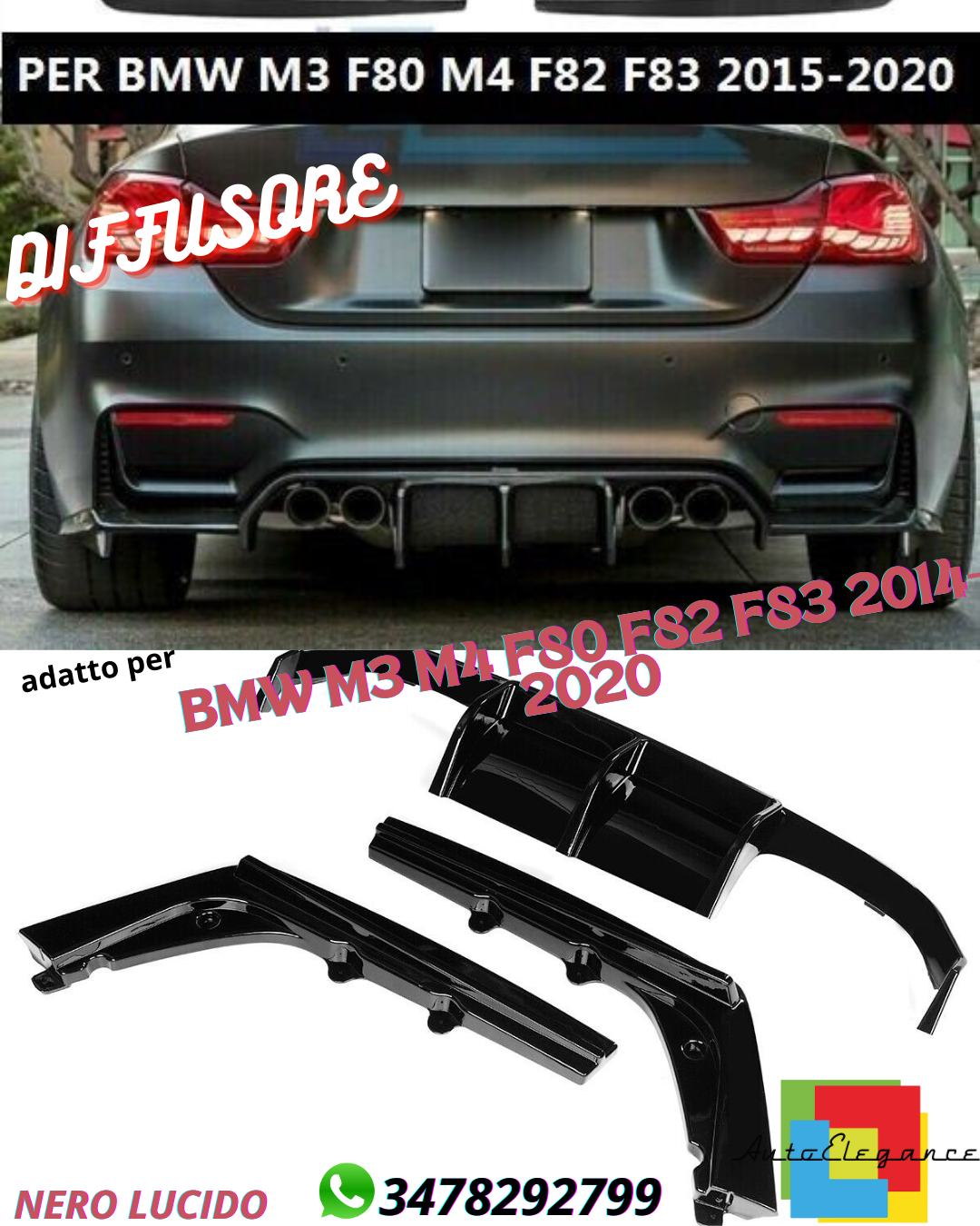 🔥DIFFUSORE ADATTO PER BMW M3 M4 F80 F82 F83 2014-2020 ABS NERO LUCIDO🔥