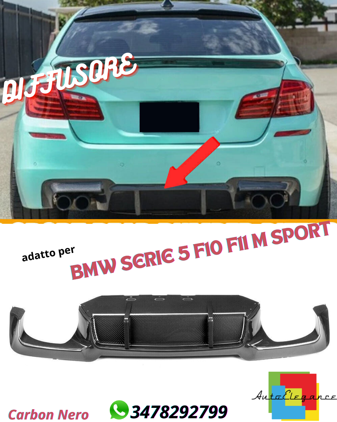 🔆DIFFUSORE DOPPIA USCITA ADATTO PER BMW SERIE 5 F10 F11 M CARBON NERO🔆