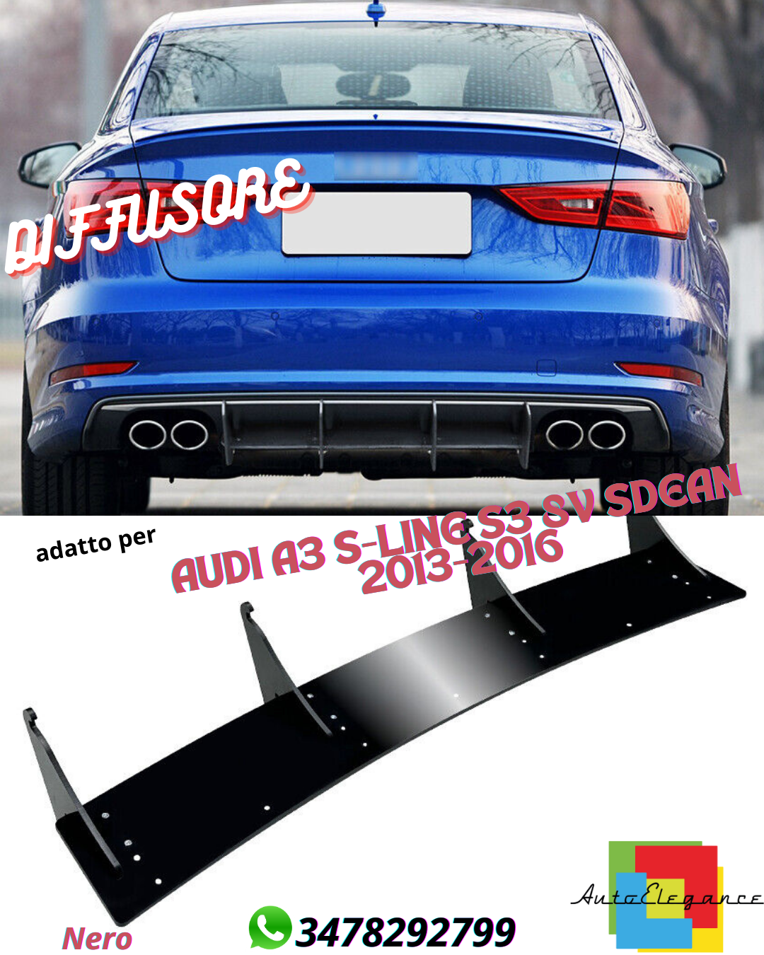 🔥DIFFUSORE adatto per AUDI A3 S-LINE S3 8V SDEAN 2013-2016🔥
