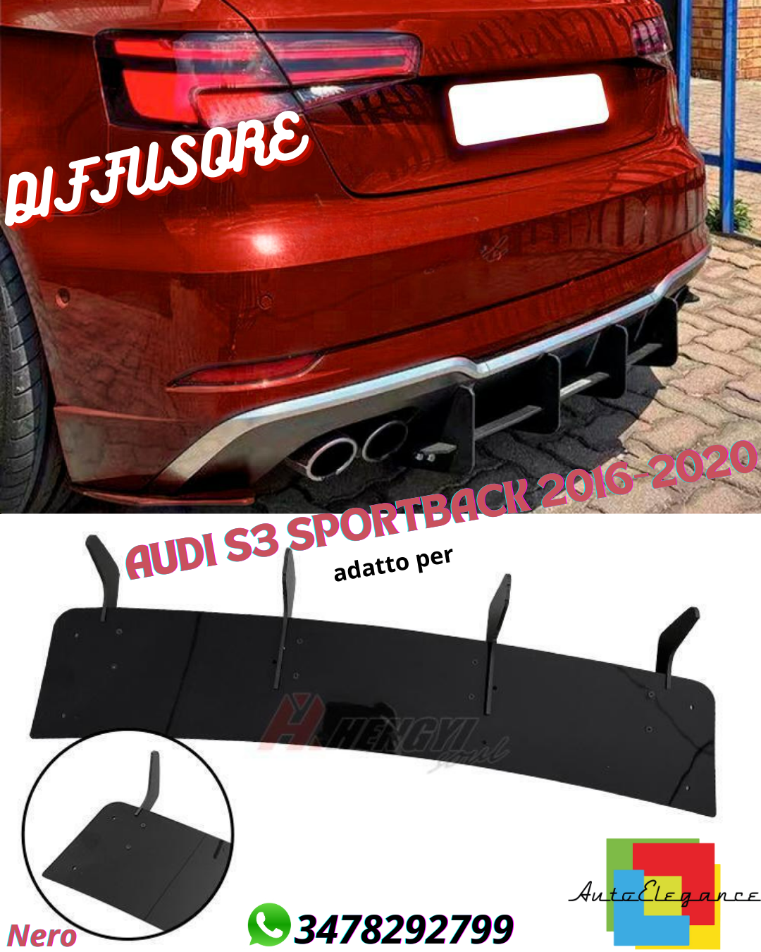 💎DIFFUSORE adatto per AUDI S3 SPORTBACK 2016-2020 NERO 💎