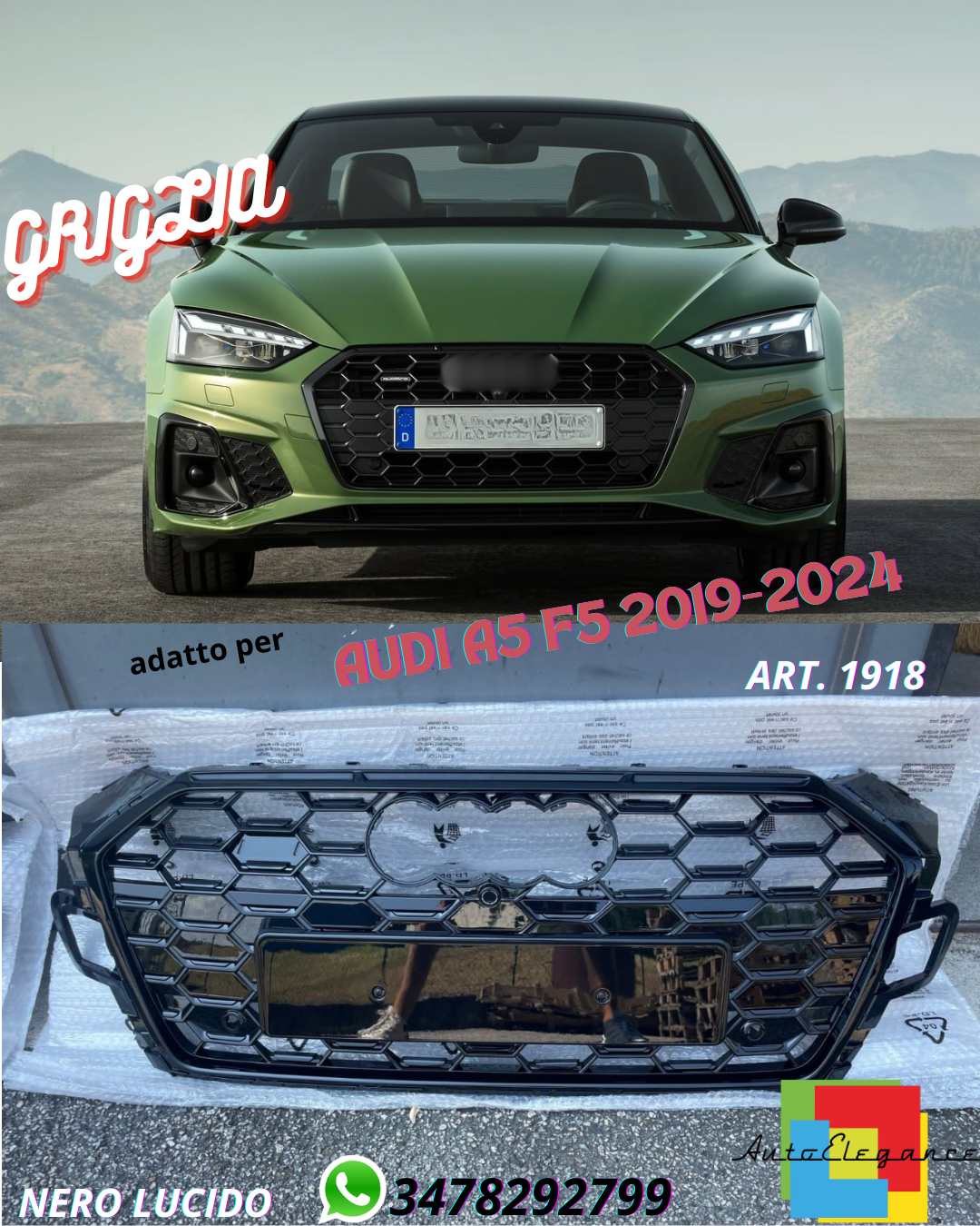 😍GRIGLIA ANTERIORE ADATTA PER AUDI A5 F5 2019-2024 NERO LUCIDO😍